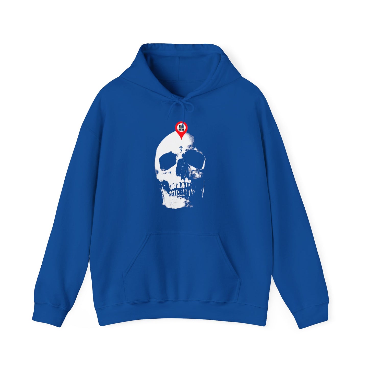 Royal hoodie with "You Will Be Here Maps Marker on Skull" design—a bold Memento Mori inspired by St. Ignatius Brianchaninov, reminding us: "What You Are I Once Was. Remember You Will Die." Orthodox Christian reflection piece.
