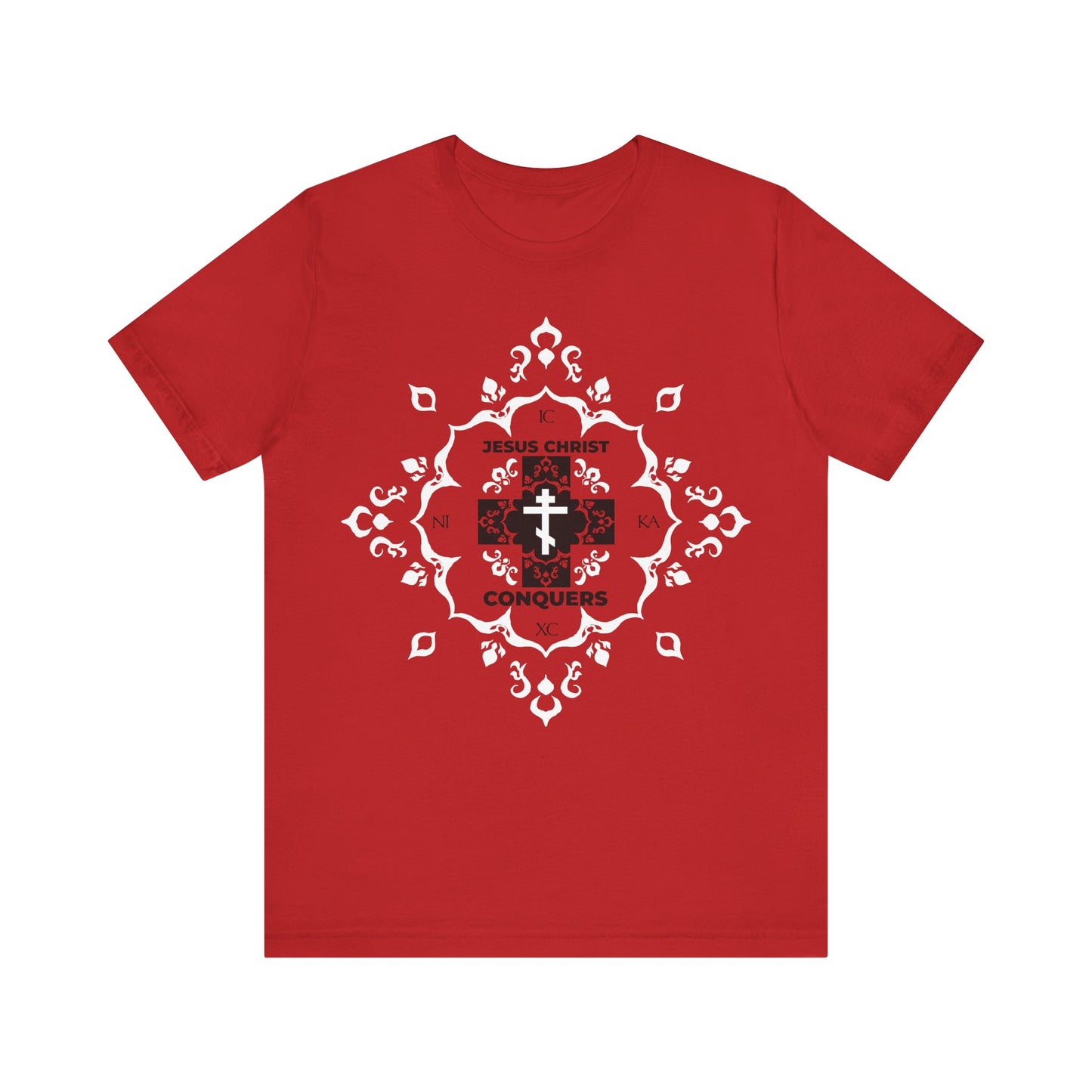 Red Christian cotton t-shirt featuring a white Orthodox cross, red modern font with "ICXC NIKA Means Jesus Christ Conquers," and medieval filigree design.