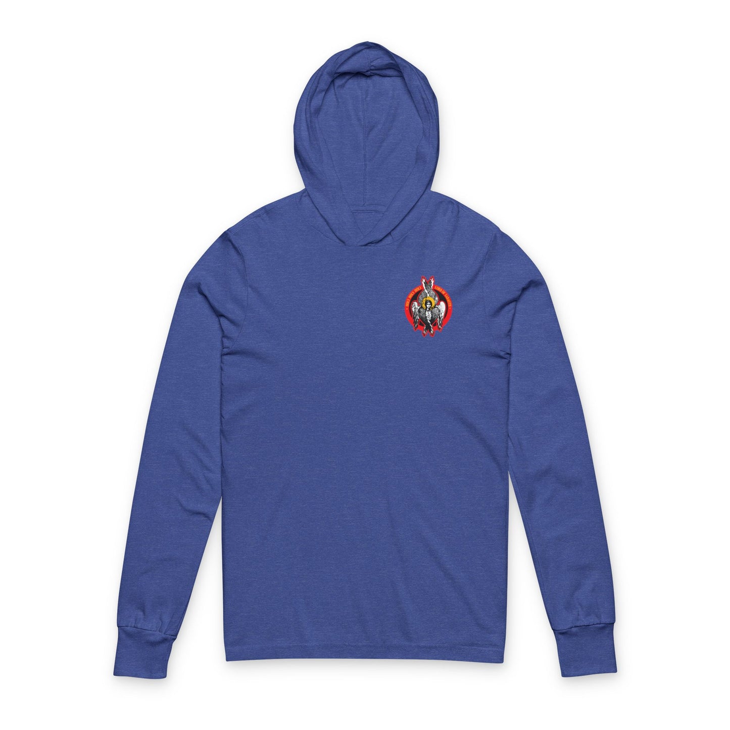 Heather True Royal hooded shirt featuring a small Seraphim Angel icon-graphic on the left chest, inspired by the Heavenly Hosts of God and Orthodox Christian themes.