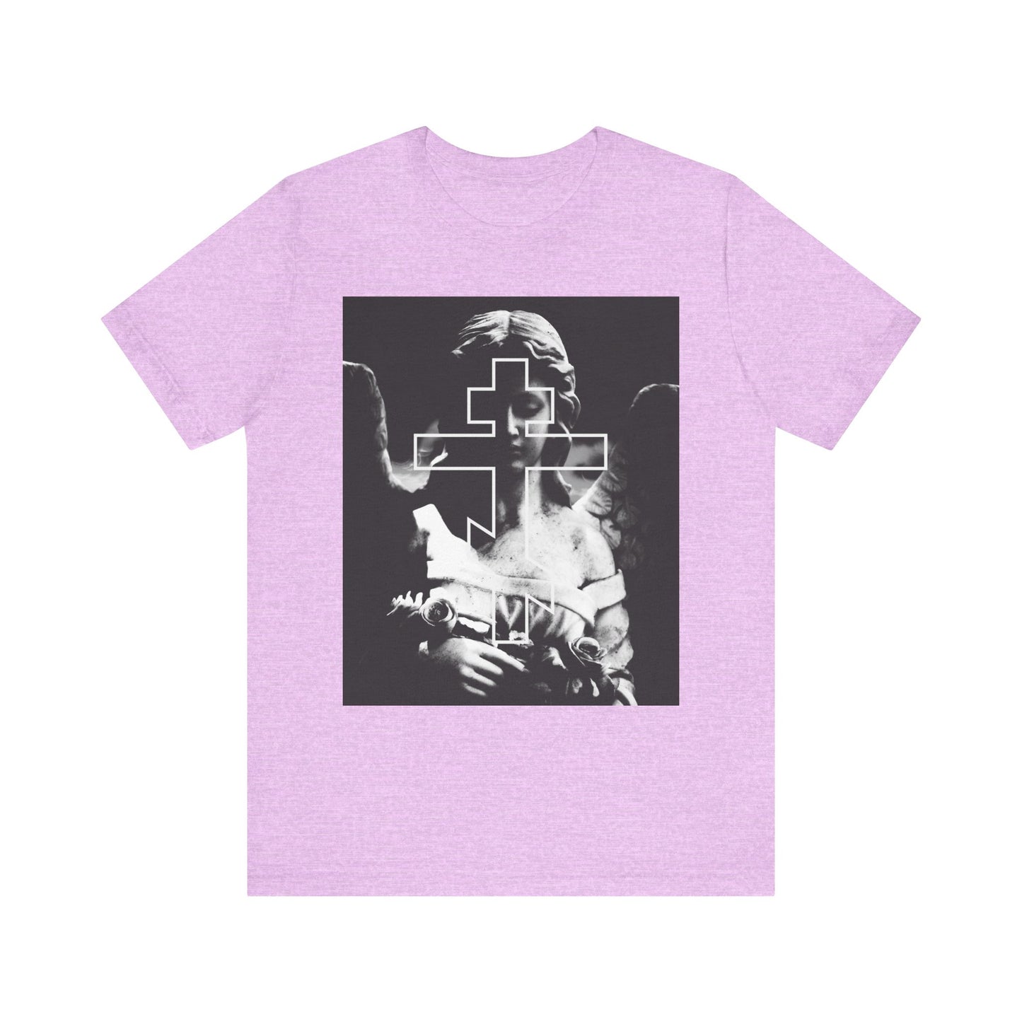 Heather Prism Lilac tee featuring a grayscale Cemetery Angel and bold Orthodox Cross graphic—gothic Memento Mori design for the devout. Lightweight cotton unisex fit.