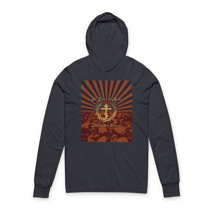 The Gates of Hades Shall Not Prevail | Cross with Wreath & Crown of Thorns | Skulls and Rays | Orthodox Long Sleeve Hooded Shirt