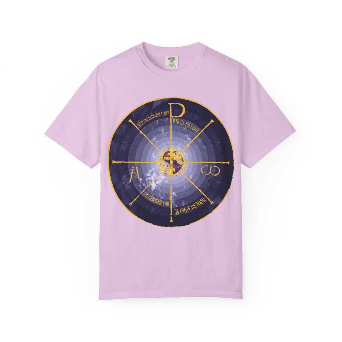 Orchid t-shirt featuring a medieval-style blue and yellow geocentric cross and Chi Rho graphic with Alpha & Omega details, inspired by Orthodox Christian tradition, on the front center.