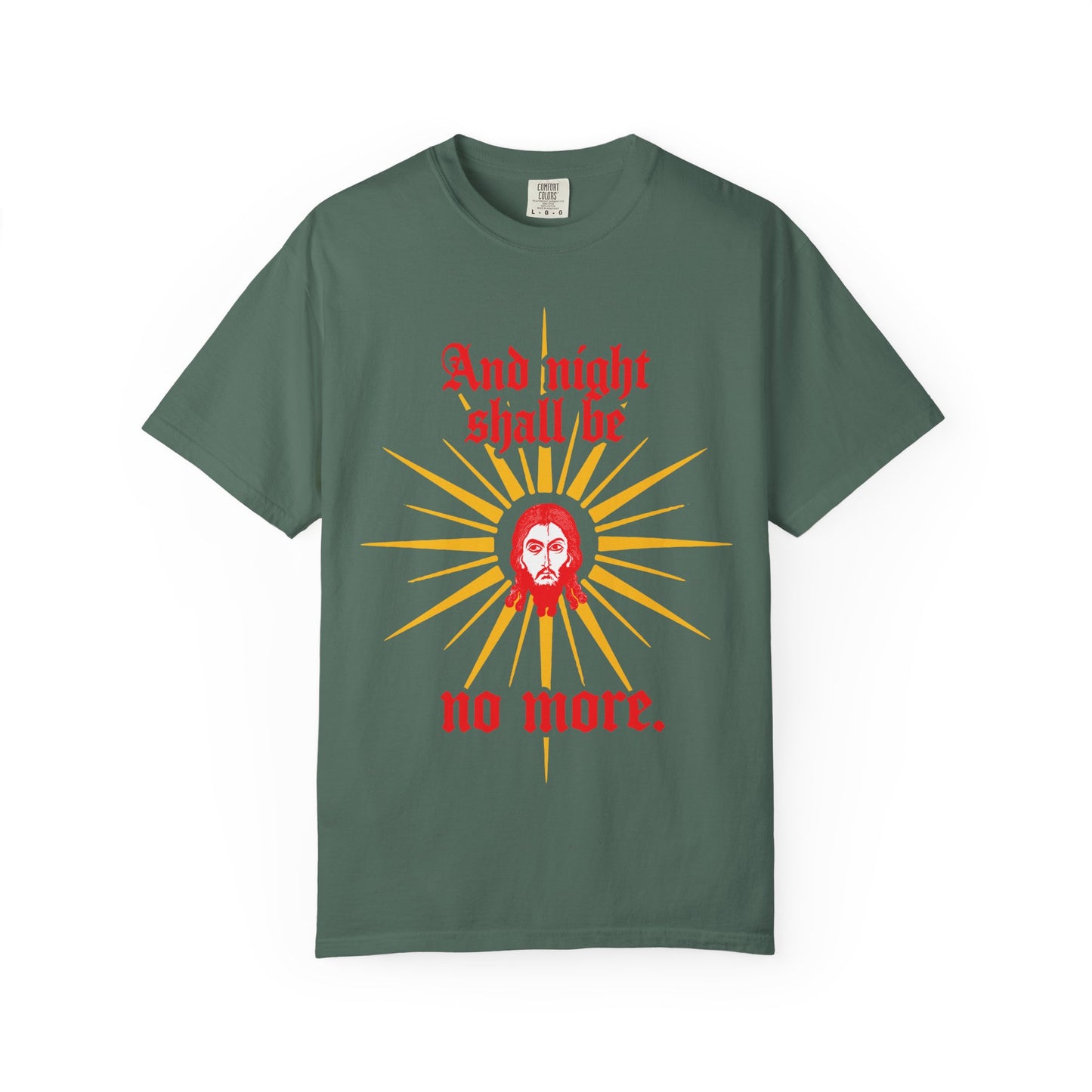 And Night Shall Be No More | Rev 22:5 | Jesus Christ Mandylion IconoGraphic | Gothic Text | Orthodox Christian Heavyweight Cotton Unisex Tee
