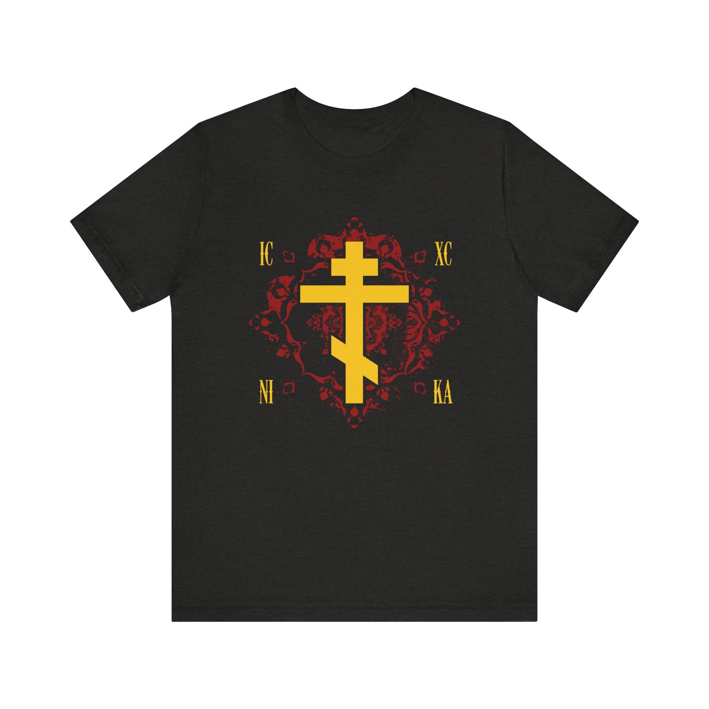 Black Heather t-shirt featuring the ICXC NIKA Yellow Orthodox Cross on an ornate red background—Jesus Christ Conquers—with gold lettering. This Christian lightweight cotton unisex tee is inspired by St Kosmas Aitolos and serves as a bold reminder of the grace of sonship.