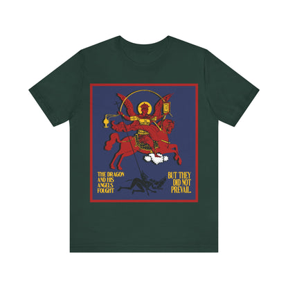 Archangel Michael of the Apocalypse IconoGraphic (Revelation 12:7-8) | Red Angel and Horse on Blue Background | Orthodox Christian T-Shirt