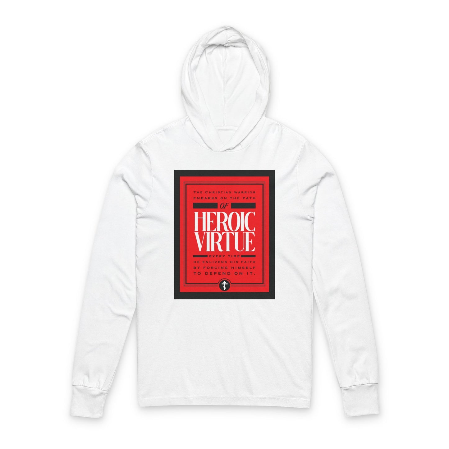 White "Christian Warrior | Path of Heroic Virtue" hooded sweatshirt with bold red and black graphic, featuring Phil 4:13 devotional quote—perfect for faith-filled warriors boldly living their beliefs.