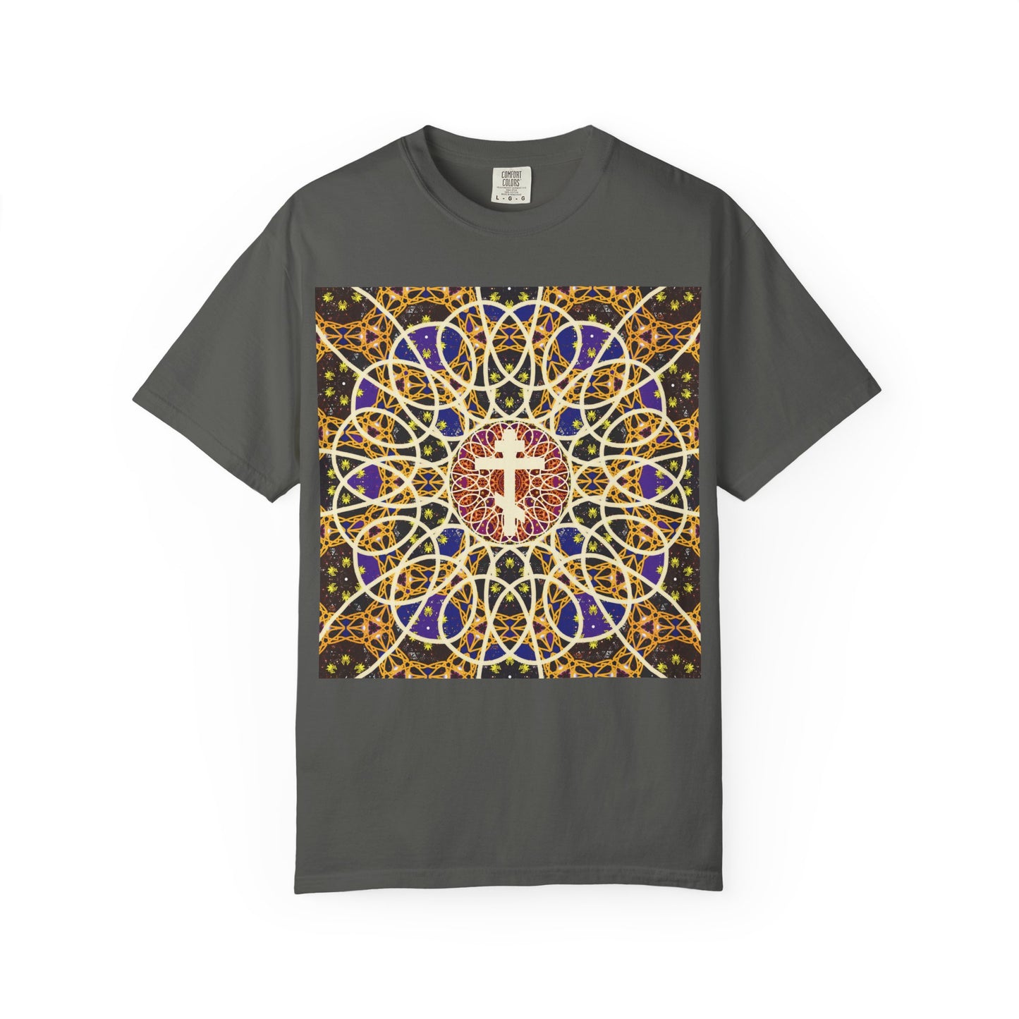 Pepper-colored heavyweight cotton unisex T-shirt featuring a colorful, intricate medieval cosmology rose window design with an Orthodox cross at the center and the phrase “Let all the earth venerate the Cross,” inspired by Tone 6 Sunday Matins.