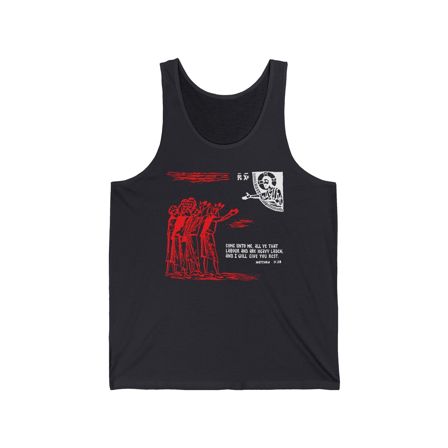 Dark grey cotton tank top featuring an icono-graphic drawing with white text: "Come Unto Me All Ye That Labour & Are Heavy Laden" (Matt. 11:28), inspired by Orthodox Christian teachings.