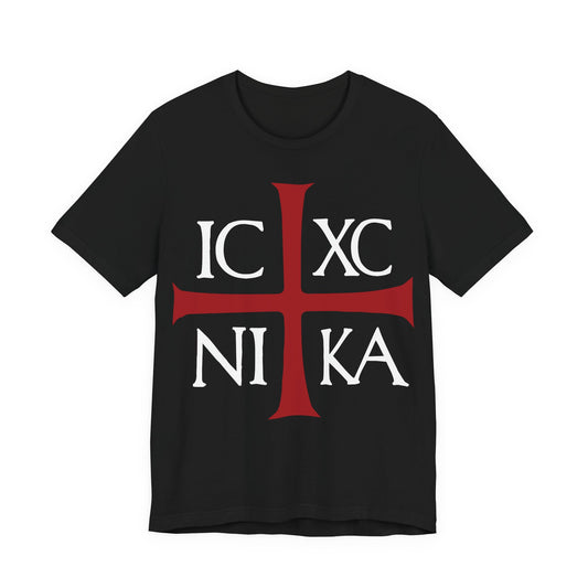 ICXC NIKA Means Jesus Christ Conquers | Red Cross White Text | Ancient Byzantine Christogram | Orthodox Christian Cotton T-Shirt