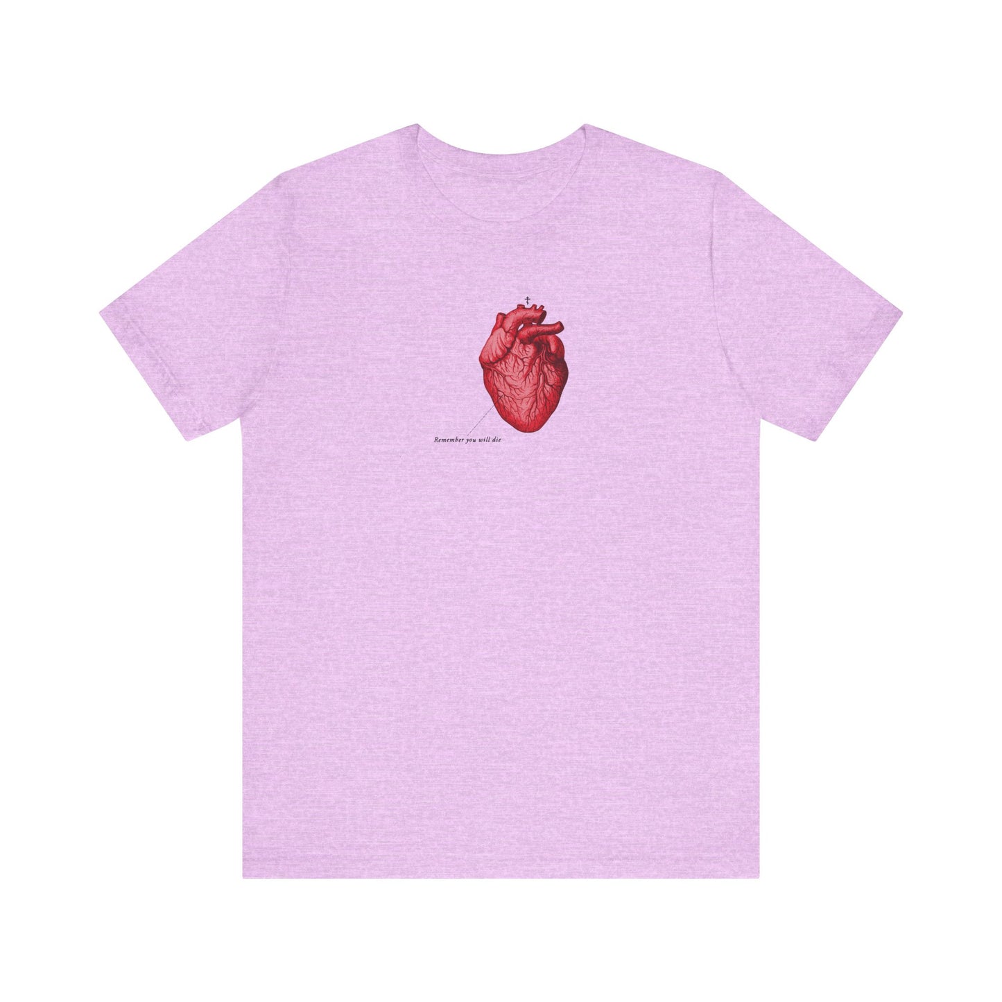 Heather Prism Lilac tee featuring a retro medical heart illustration, Orthodox cross, “Remember You Will Die” text, and subtle "It's Later Than You Think" memento mori design. Lightweight unisex cotton shirt.