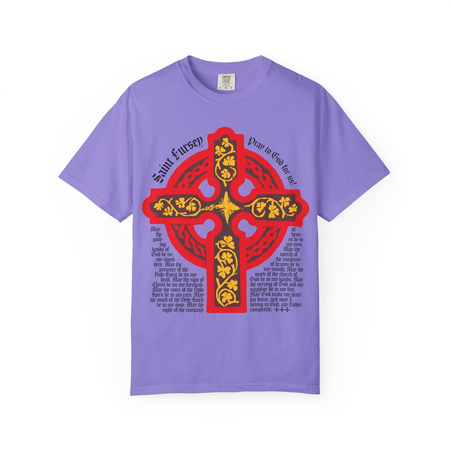 The Lorica Shield Prayer of St Fursey unisex tee in violet features a bold red and yellow Celtic cross with black text inspired by ancient Irish Orthodox prayers. Made of heavyweight cotton, it suits Western Rite Christian style.