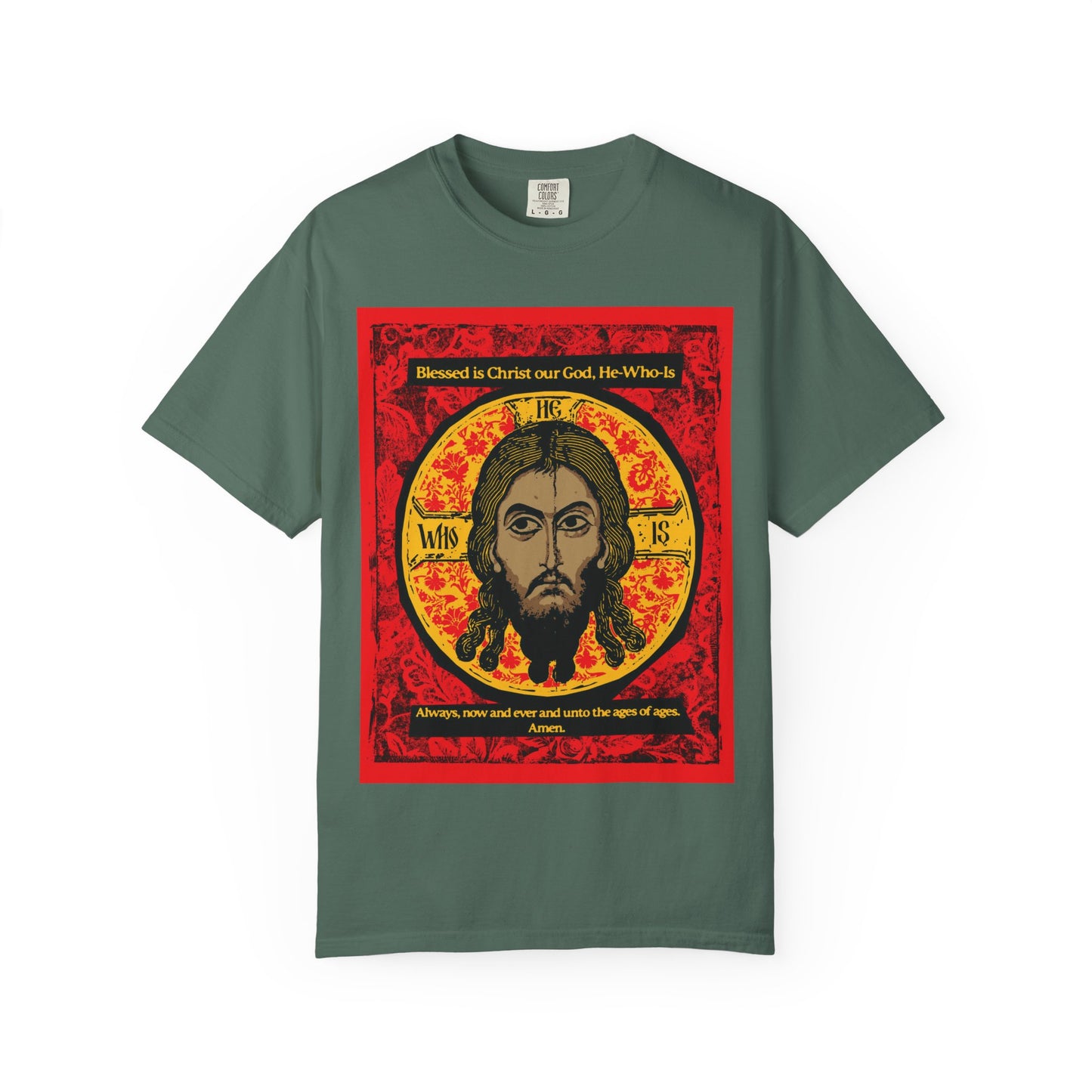 Blue Spruce t-shirt featuring the "Made Without Hands" (Mandylion/Image of Edessa) Jesus Christ Orthodox icon graphic, with ornate border and text inspired by Orthodox hymn tradition. Heavyweight cotton, unisex fit.