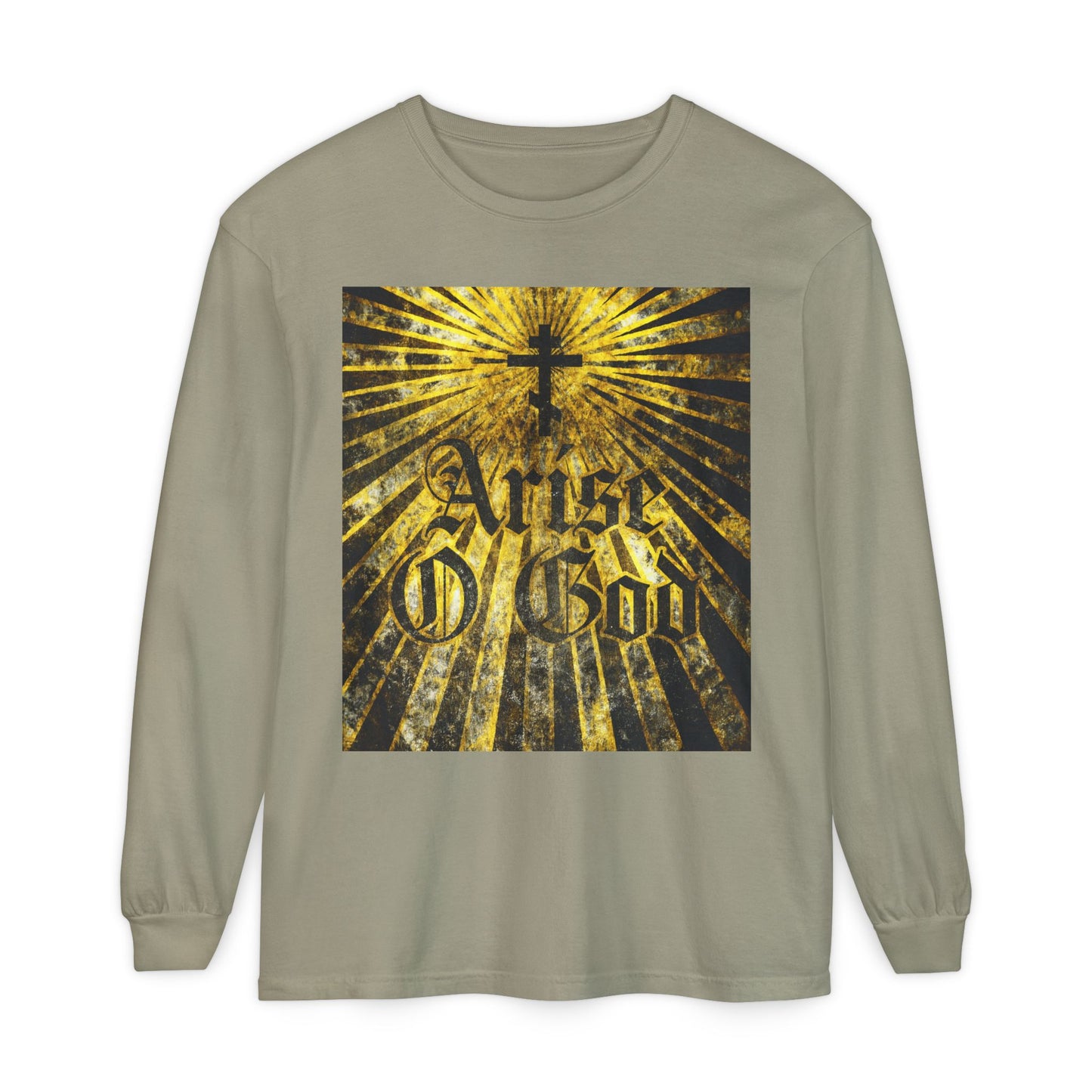 Sandstone long-sleeve featuring “Arise O God” in textured gothic font, Orthodox cross, and golden rays—a bold tribute to the Divine Council worldview and Psalm 81 (82 LXX) in Orthodox tradition.