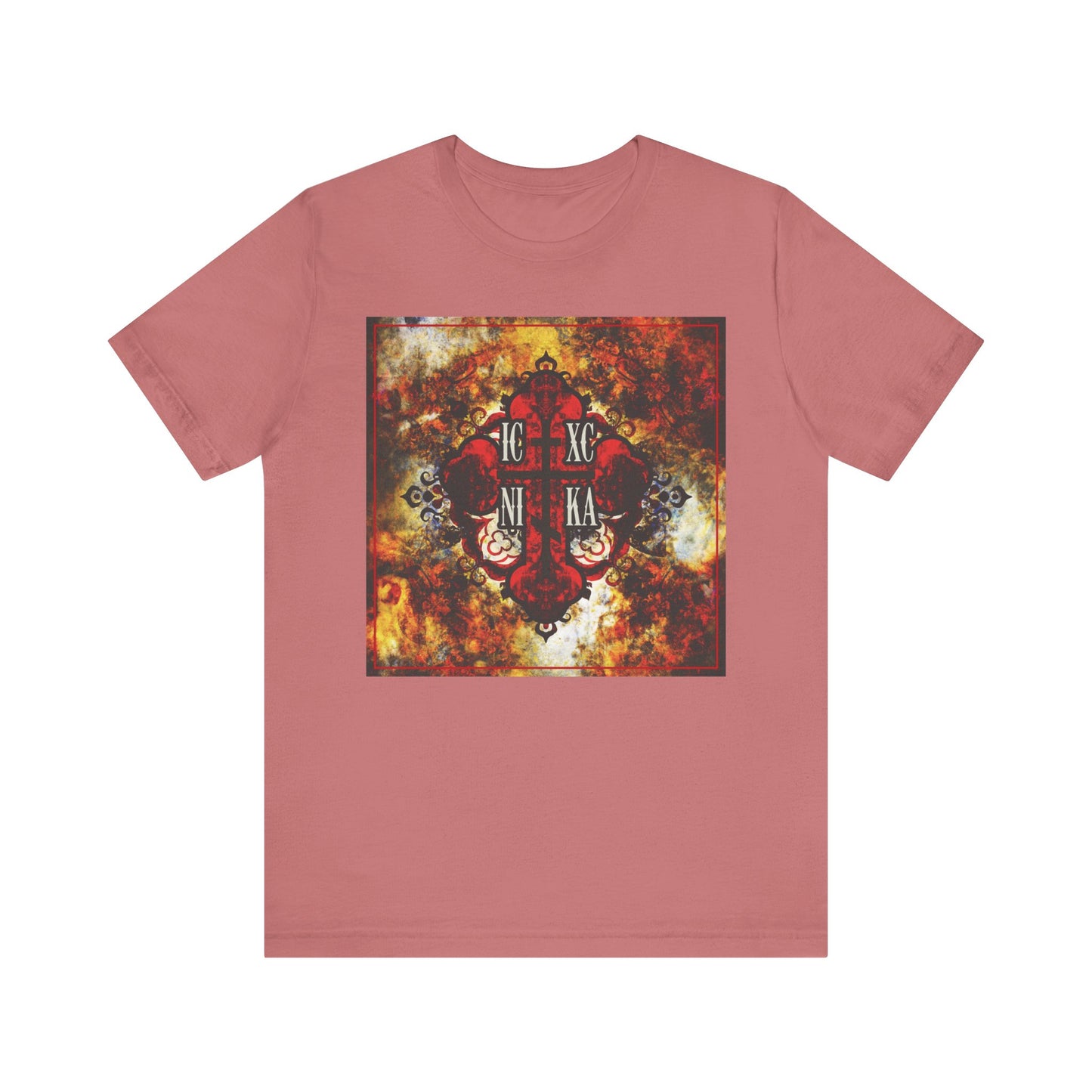 Mauve t-shirt featuring the ICXC NIKA bold, colorful textured red Orthodox cross design and Greek letters on the front, inspired by St. Ambrose of Optina’s timeless advice to keep Jesus in your heart and guard against unclean thoughts; made from lightweight cotton for a comfortable, unisex fit.