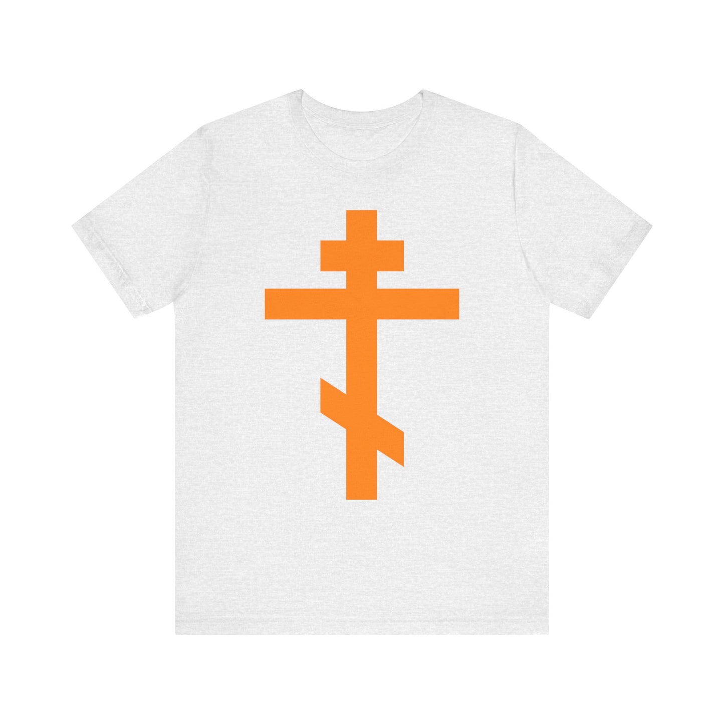 Ash unisex lightweight cotton tee featuring a large orange Orthodox Tribar Cross on the front, inspired by the enduring faith of St. John of Kronstadt and the Troparion "Preserve Thy People By Thy Cross, O Lord.
