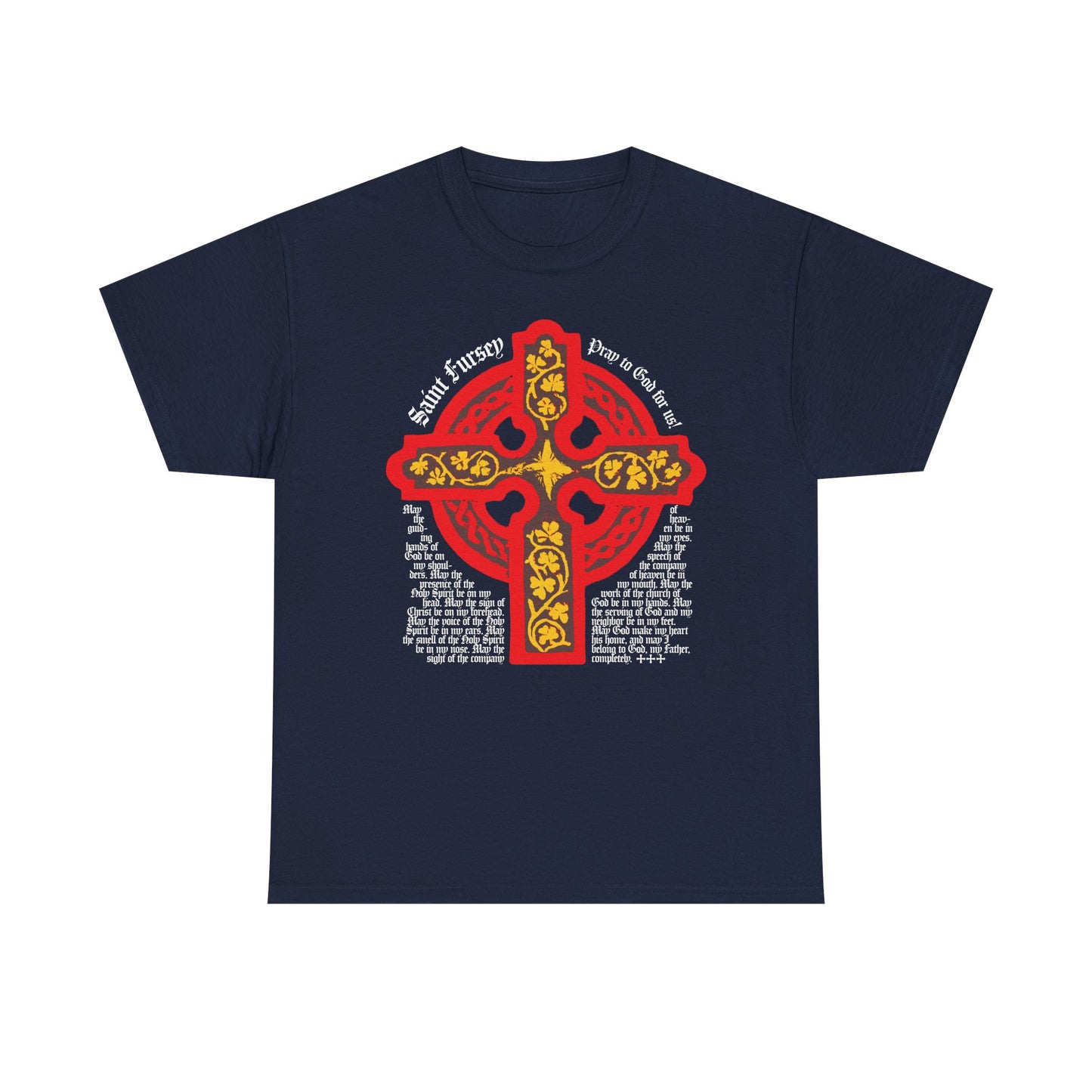 Navy Lorica Shield Prayer of St Fursey tee featuring a red and yellow Celtic cross; midweight unisex cotton, inspired by Irish Orthodox and Western Rite heritage.