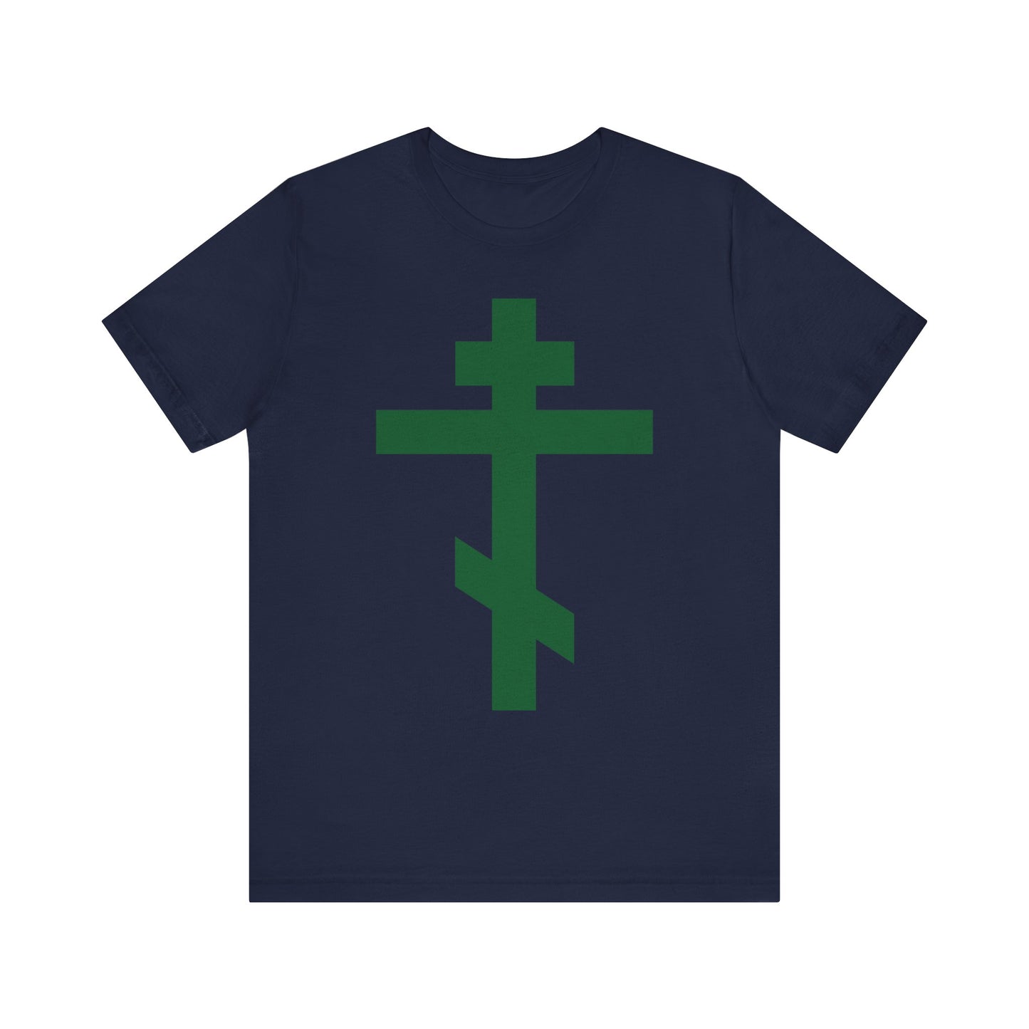 Navy Forest Green Orthodox Tribar Cross tee with “Preserve Thy People By Thy Cross, O Lord” and “Christ is King” in lightweight cotton, reflecting on salvation and the Saviour’s sacrifice.