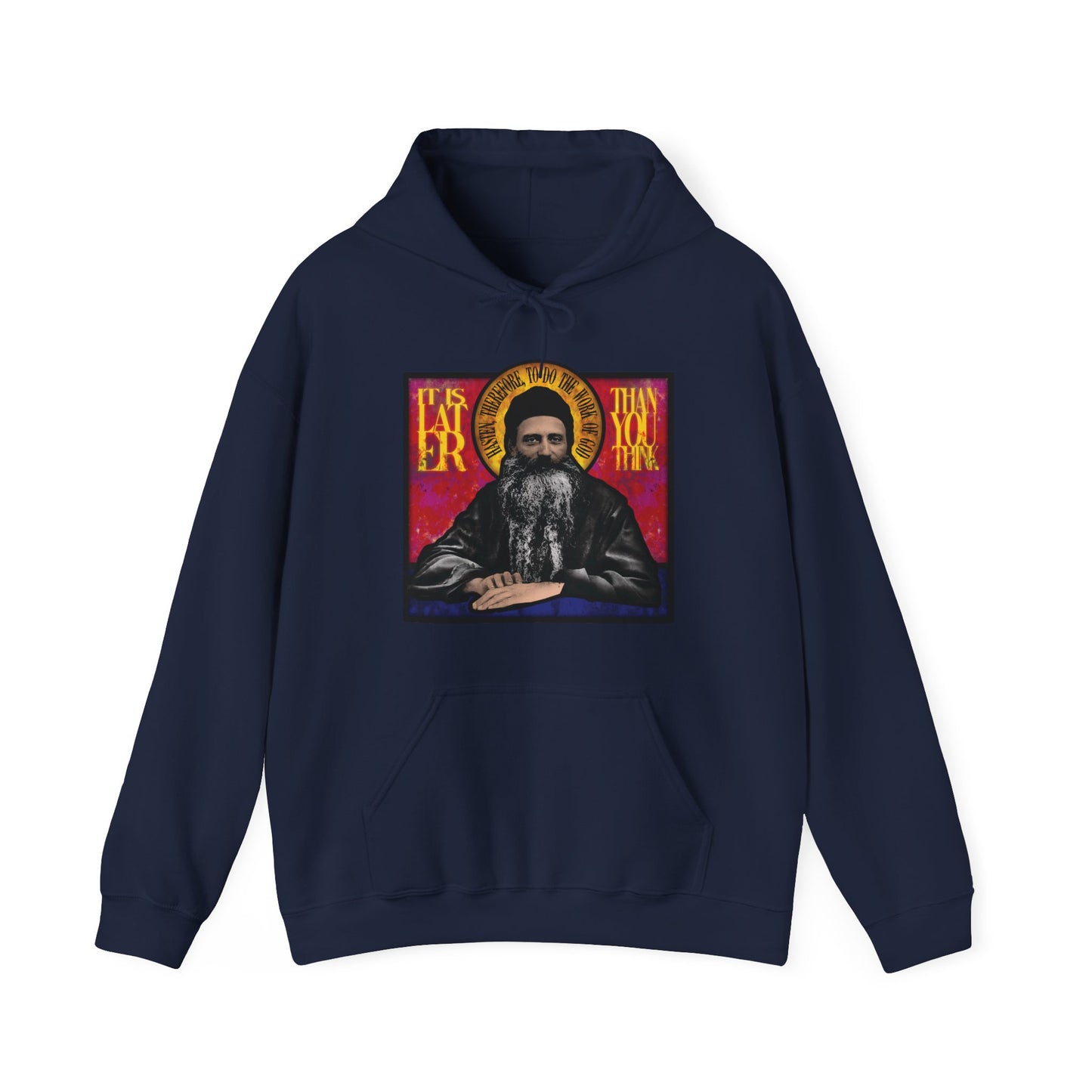 Navy "It Is Later Than You Think" hoodie featuring Fr. Seraphim Rose in a stained glass design—a subtle reminder of salvation and the Kingdom of Heaven.