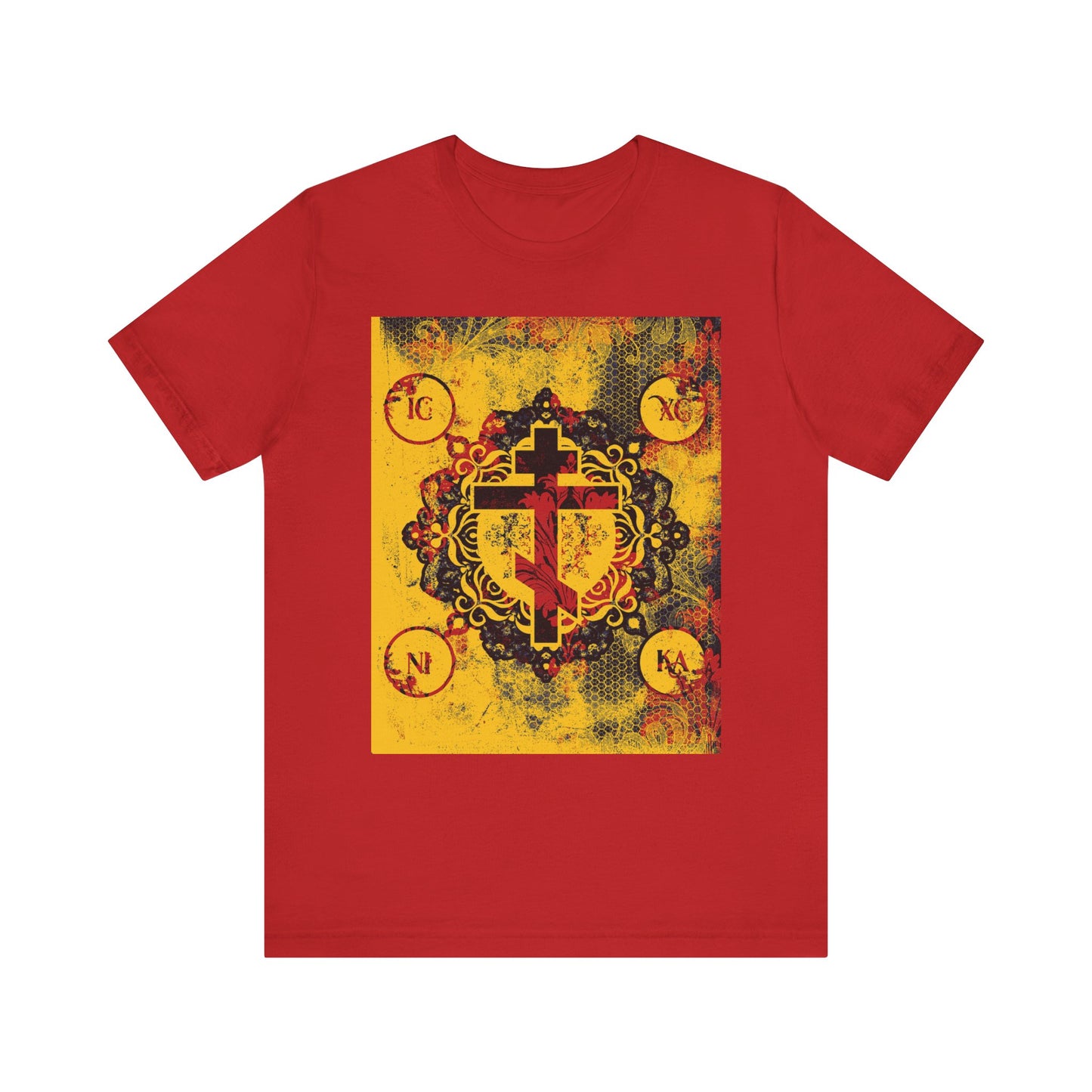 Red IC XC NIKA Orthodox Cross t-shirt featuring a yellow and black modern-medieval floral cross design with four lettered circles, inspired by Orthodox Christian symbolism. Lightweight unisex cotton.