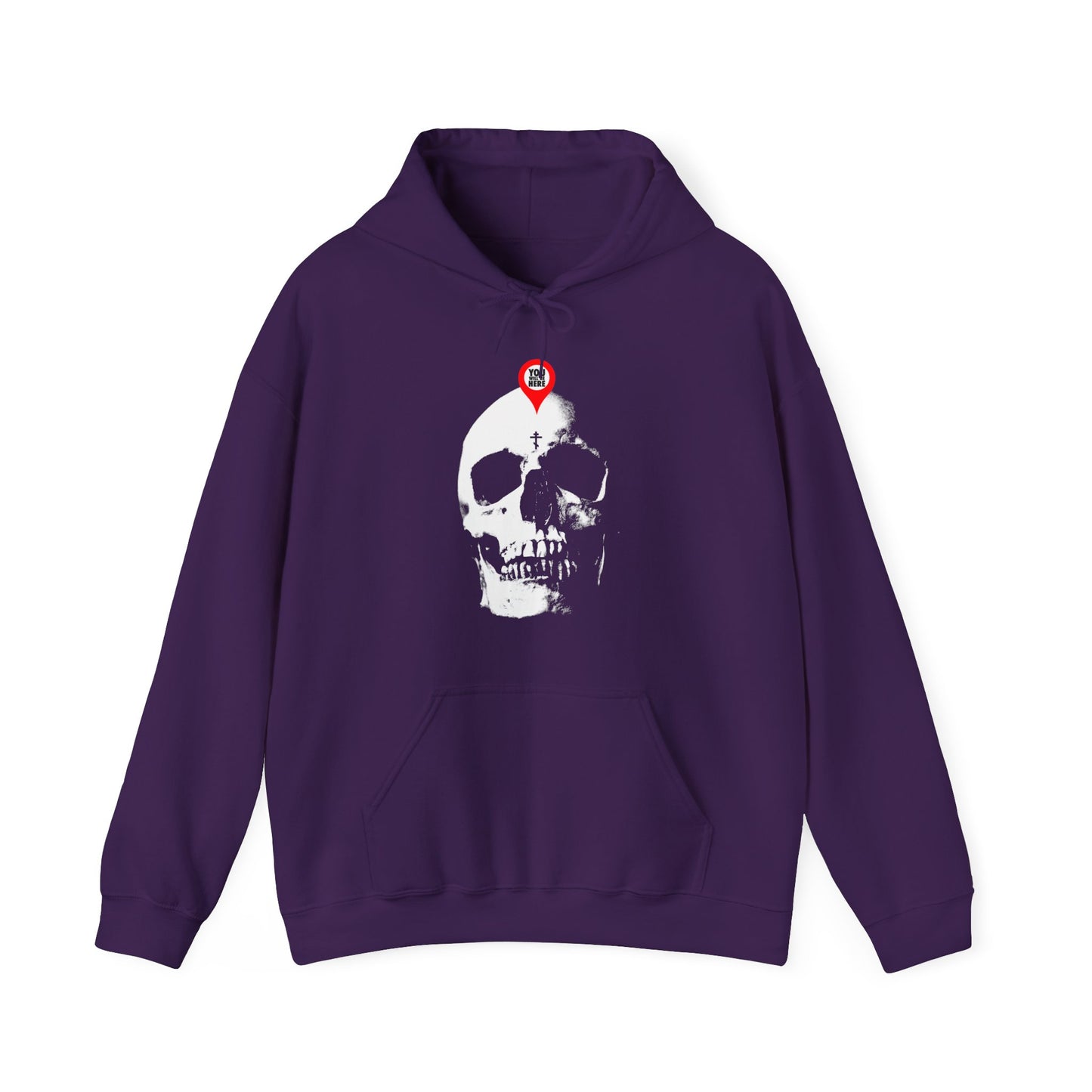 Purple “You Will Be Here Maps Marker on Skull” hoodie featuring a large white skull and red map marker, inspired by St. Ignatius Brianchaninov’s call to remember death. Memento Mori design, Orthodox Christian theme.