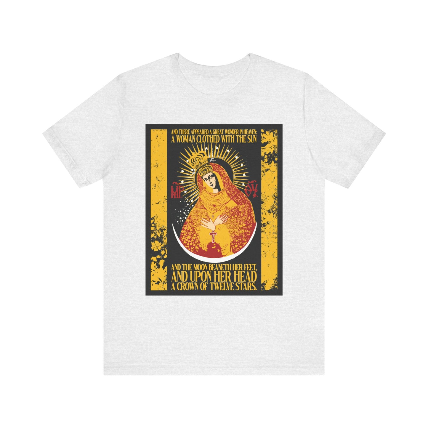 Ash t-shirt featuring a gold floral texture design of Our Lady the Gate of Dawn, inspired by Revelation 12:1 and honoring the Most Holy Theotokos. Lightweight cotton, unisex fit.