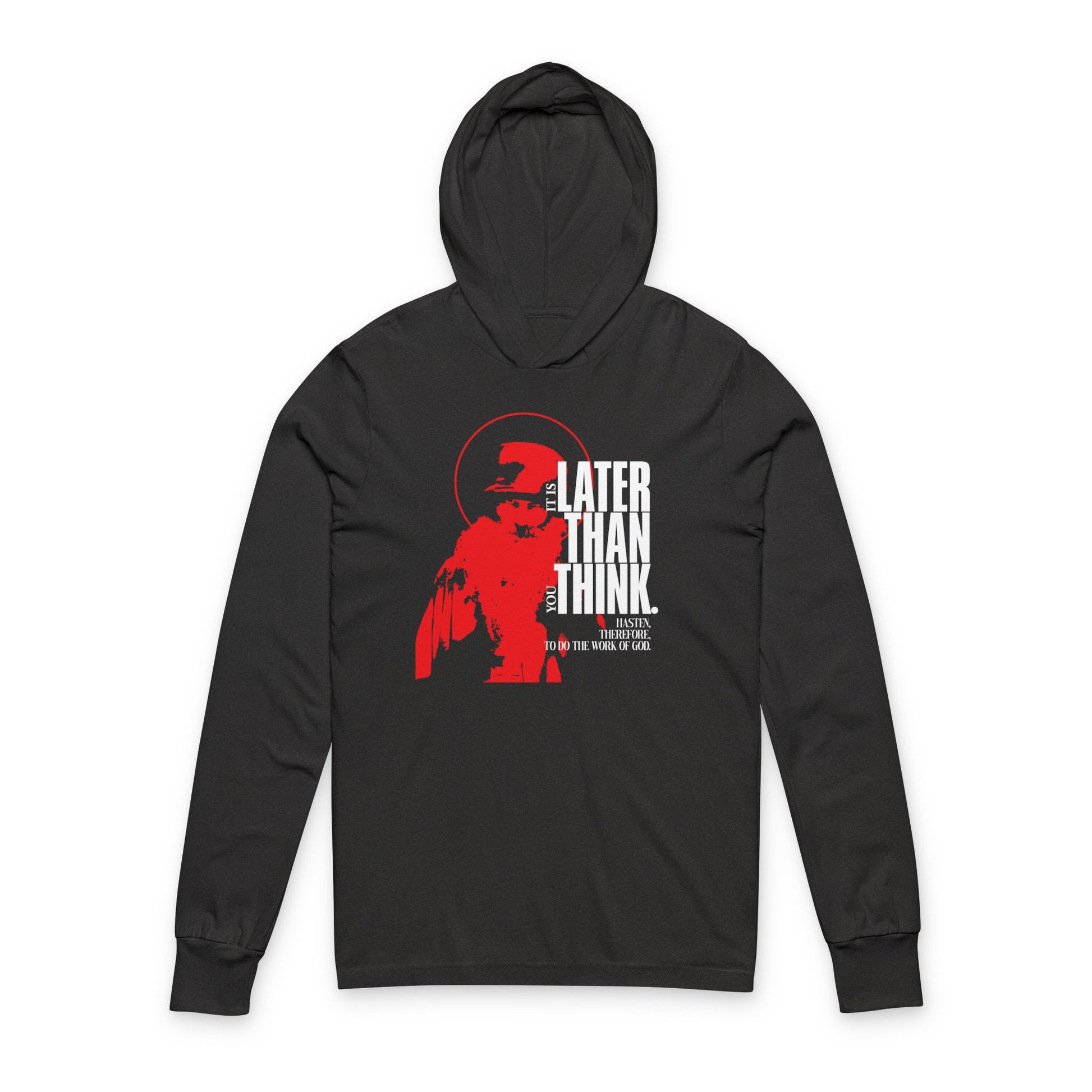 Charcoal Black TriBlend long sleeve hoodie featuring a minimal red halo design and the text "It's Later Than You Think"—inspired by Seraphim Rose and the apocalyptic ethos of True Orthodoxy.