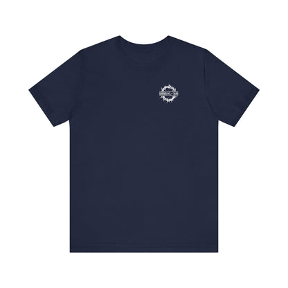 Navy BACK PRINT 2-sided unisex tee in lightweight cotton with branded front, featuring “Dead to this World” Christian goth flower cross & skull graphic, inspired by themes of renunciation and the Ladder of Divine Ascent.