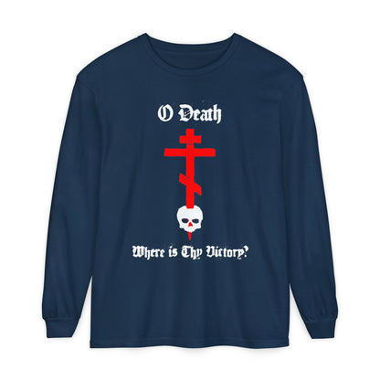 O Death Where is Thy Victory? 1 Cor 15:55 | Cross Stabbing Skull | Spraypaint Aesthetic | Orthodox Christian Long Sleeve Shirt