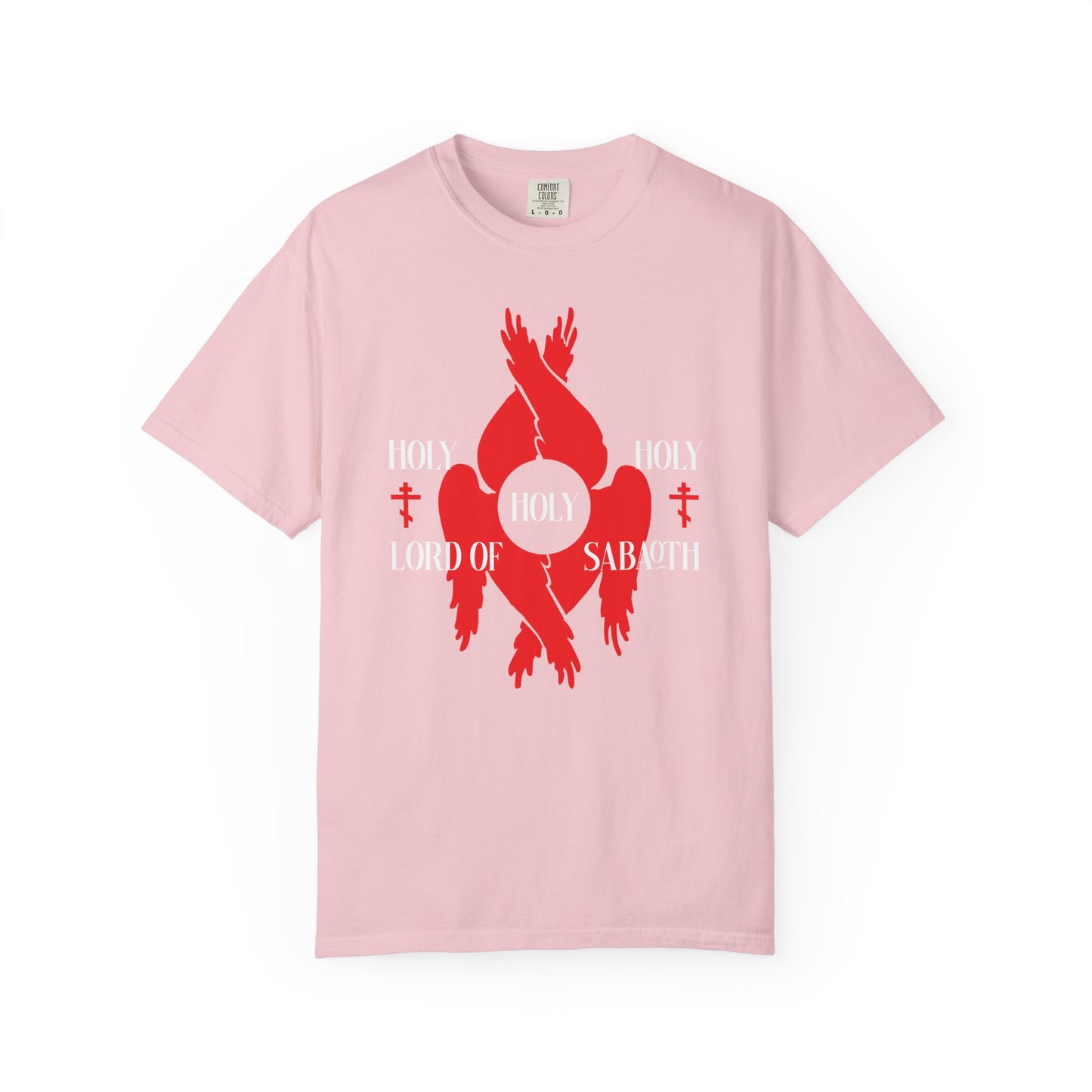 Blossom unisex heavyweight cotton tee with red Seraphim wings, Orthodox crosses, and Isaiah 6:3 text: HOLY HOLY HOLY LORD OF SABAOTH. Inspired by the Liturgy of St John Chrysostom and the Divine Council.
