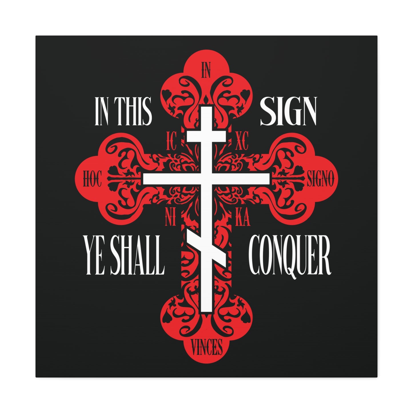 A red ornate Orthodox cross with "In This Sign Ye Shall Conquer" and Greek ICXC NIKA, symbolizing Jesus Christ conquers. Christian wall art inspired by faith and tradition.