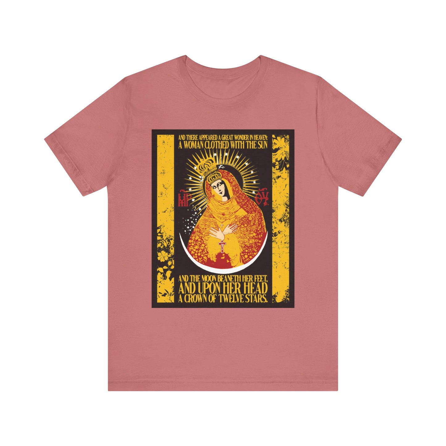 Mauve lightweight cotton unisex t-shirt featuring Our Lady the Gate of Dawn with gold floral texture, Woman of the Apocalypse art, and Revelation 12:1 text.