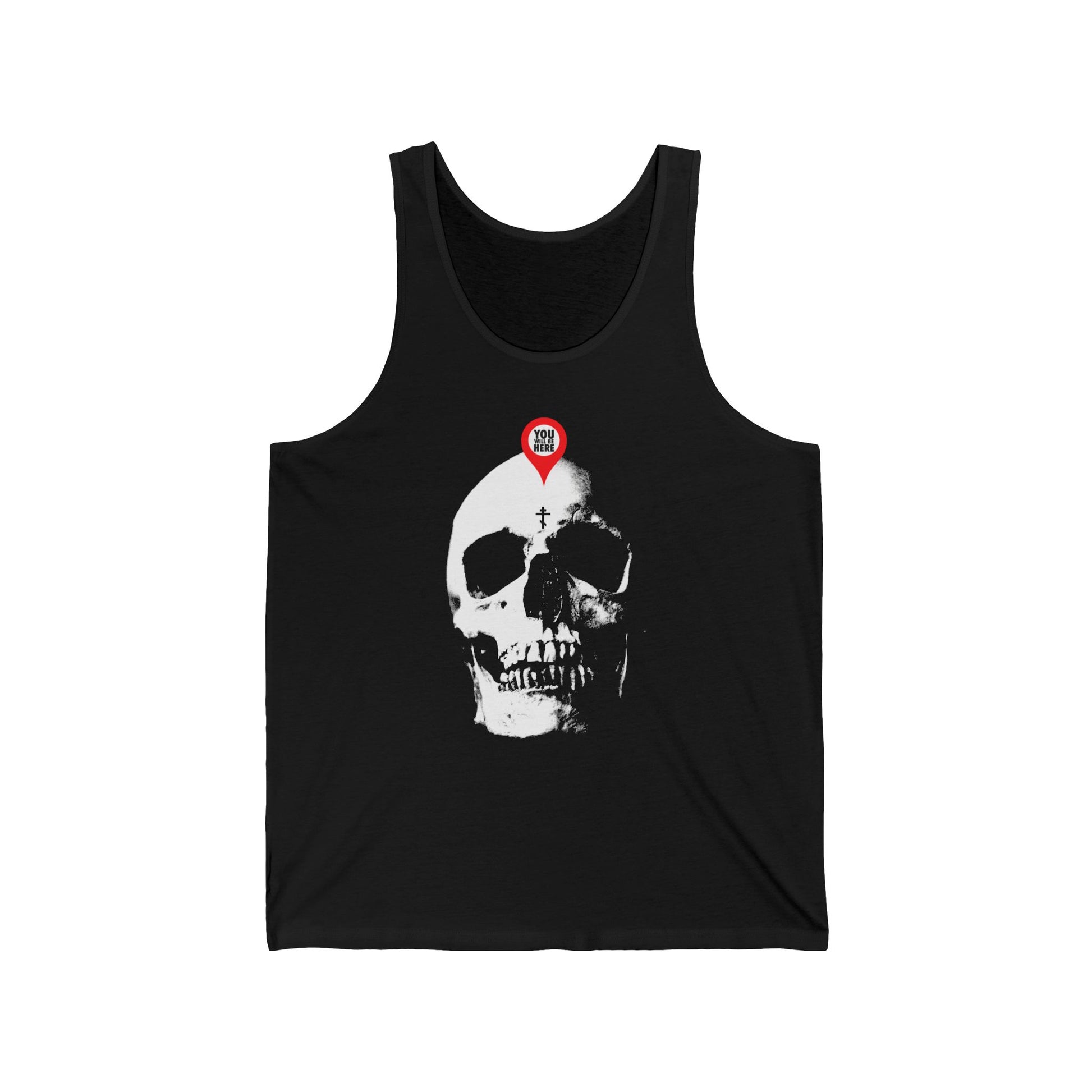Black "You Will Be Here Maps Marker on Skull Design" tank top featuring a large white skull and a red map pin reading "RIP"—a bold Orthodox memento mori inspired by St. Ignatius Brianchaninov.