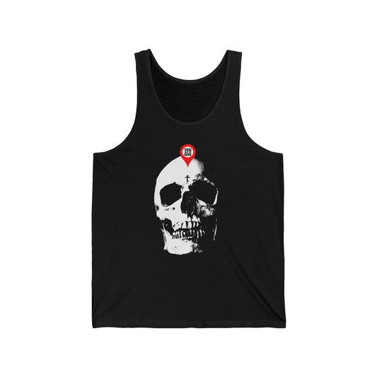 Black "You Will Be Here Maps Marker on Skull Design" tank top featuring a large white skull and a red map pin reading "RIP"—a bold Orthodox memento mori inspired by St. Ignatius Brianchaninov.