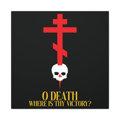 O Death Where is Thy Victory? (1 Corinthians 15:55) | Cross Stabbing Skull | Yellow Text | Orthodox Christian Canvas Art