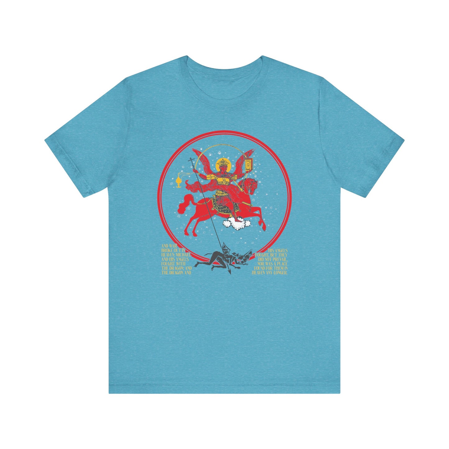 Heather Aqua t-shirt featuring the "Archangel Michael of the Apocalypse Icono-Graphic," depicting Michael defeating Satan (War in Heaven, Rev 12:7-9), on lightweight cotton. Unisex fit.
