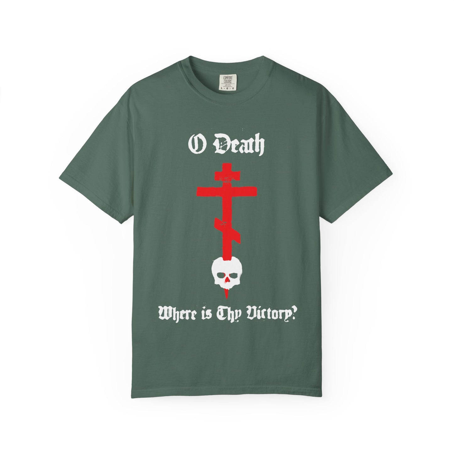 Blue Spruce heavyweight cotton tee featuring a spraypaint-style red cross stabbing a white skull and the text “O Death, Where is Thy Victory? 1 Cor 15:55”—symbolizing resurrection and victory over death.
