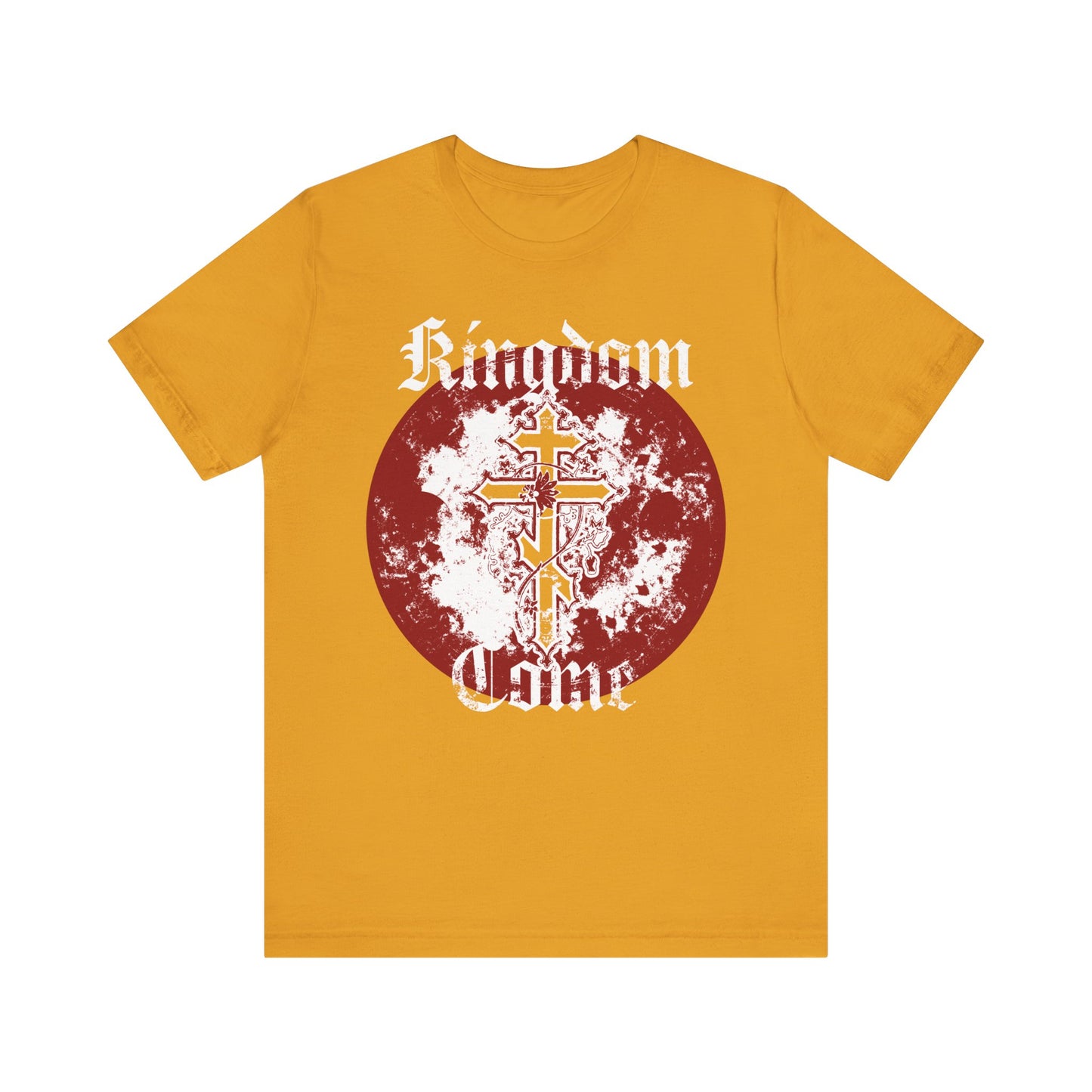 Mustard "Kingdom Come" lightweight cotton unisex tee, featuring the Lord’s Prayer in textured Gothic font and an ornate Orthodox cross with vine design.