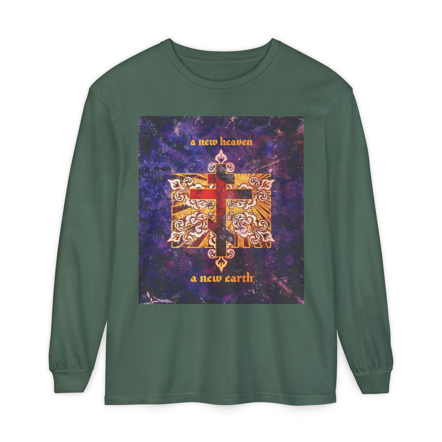A New Heaven/A New Earth | Red Orthodox Cross on Textured Ornate Background | Red Blue & Gold Design | Orthodox Long Sleeve Cotton Shirt