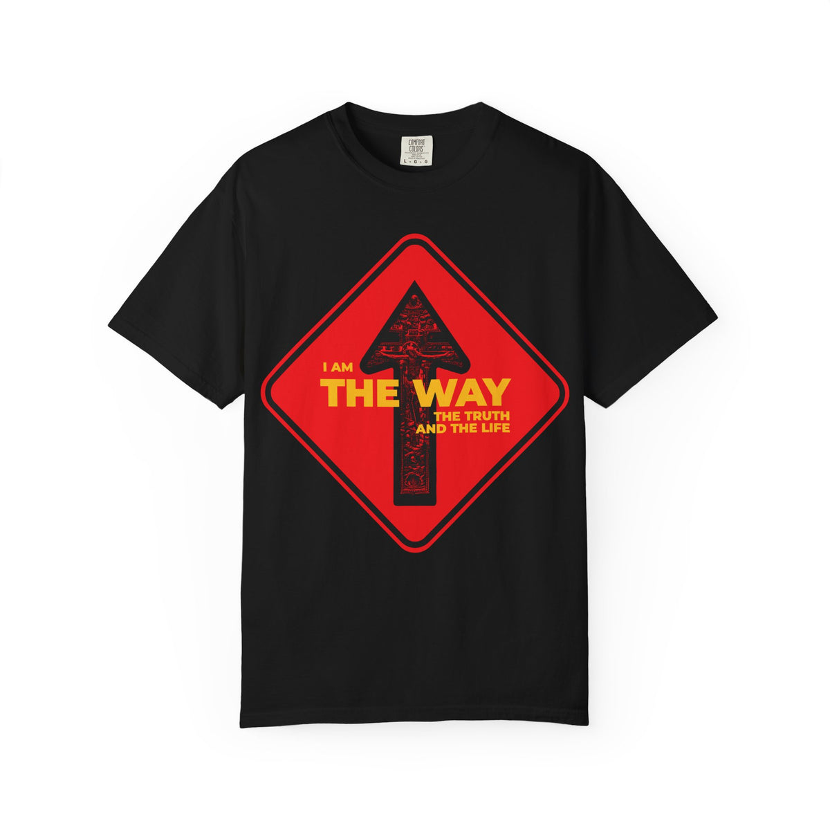 Show your faith boldly with the “Am the Way, the Truth and the Life” Orthodox Christian Heavyweight Cotton Unisex Tee in black, featuring a striking red one-way street sign arrow and bright yellow text inspired by John 14:6, proclaiming Jesus as the true way for all believers.