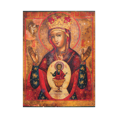Mother of God of Nicaea Russian Orthodox Christian Icon featuring the crowned Theotokos Mary with raised hands, child Jesus depicted as Heavenly Bread in a chalice on her chest, set against a gold background. This Panagia religious canvas makes a beautiful piece of sacred wall art.