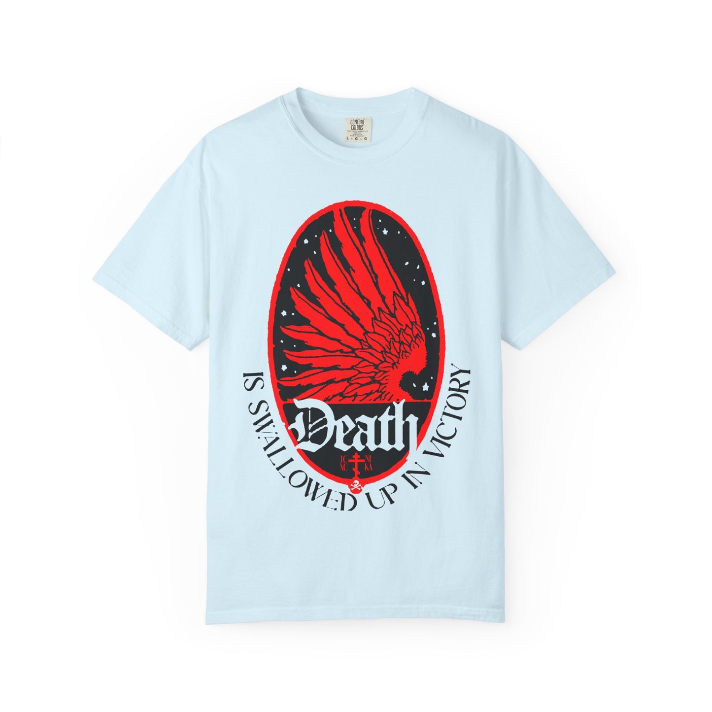Chambray heavyweight cotton unisex tee featuring an Art Nouveau eagle wing and stars design with the text “Death is swallowed up in victory” (1 Cor 15:54), symbolizing immortality and triumph over death.