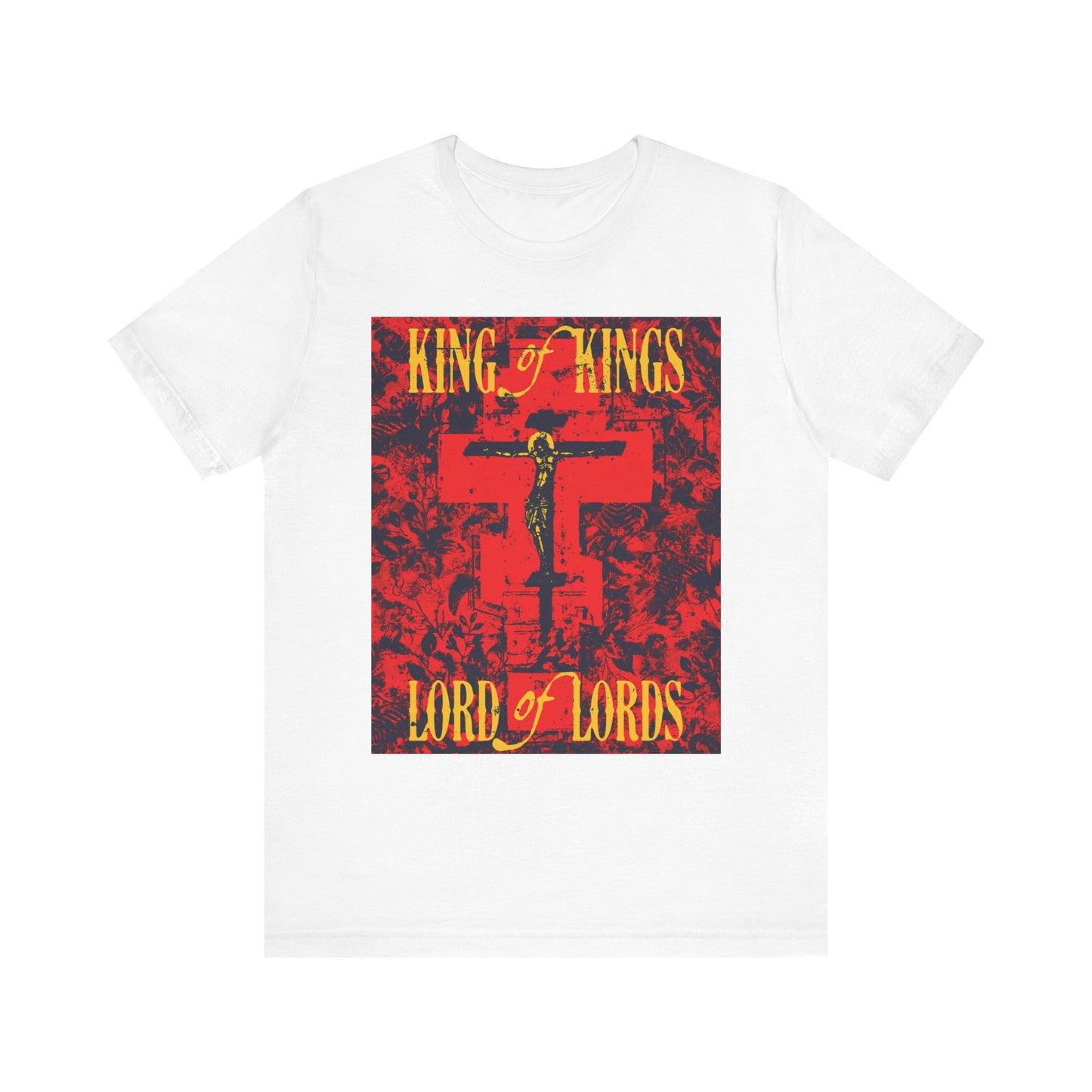 White "King of Kings, Lord of Lords | Christ Crucified Orthodox Icono-Graphic" unisex T-shirt in lightweight cotton, featuring a nature-inspired texture and a bold yellow and red design.