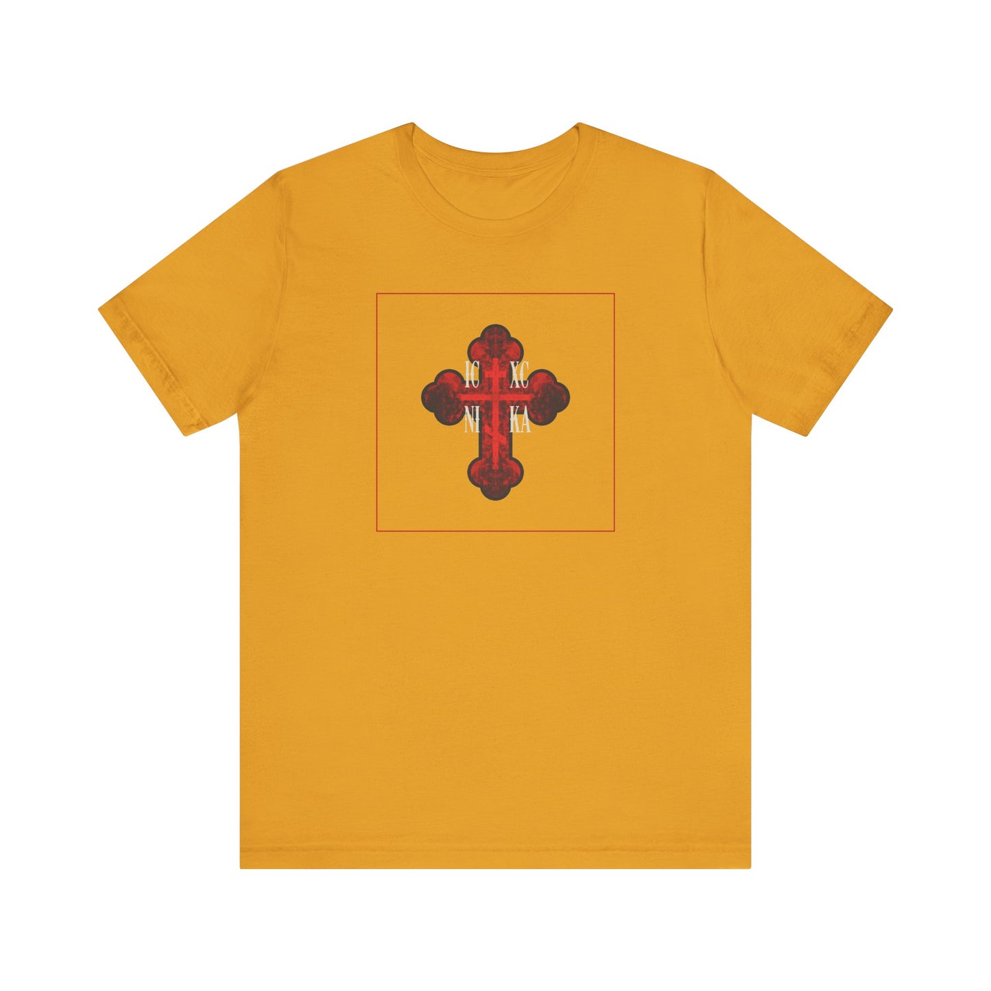 Mustard ICXC NIKA tee with a red glowing ornate Orthodox cross design symbolizing salvation, crafted from lightweight cotton for a unisex fit.