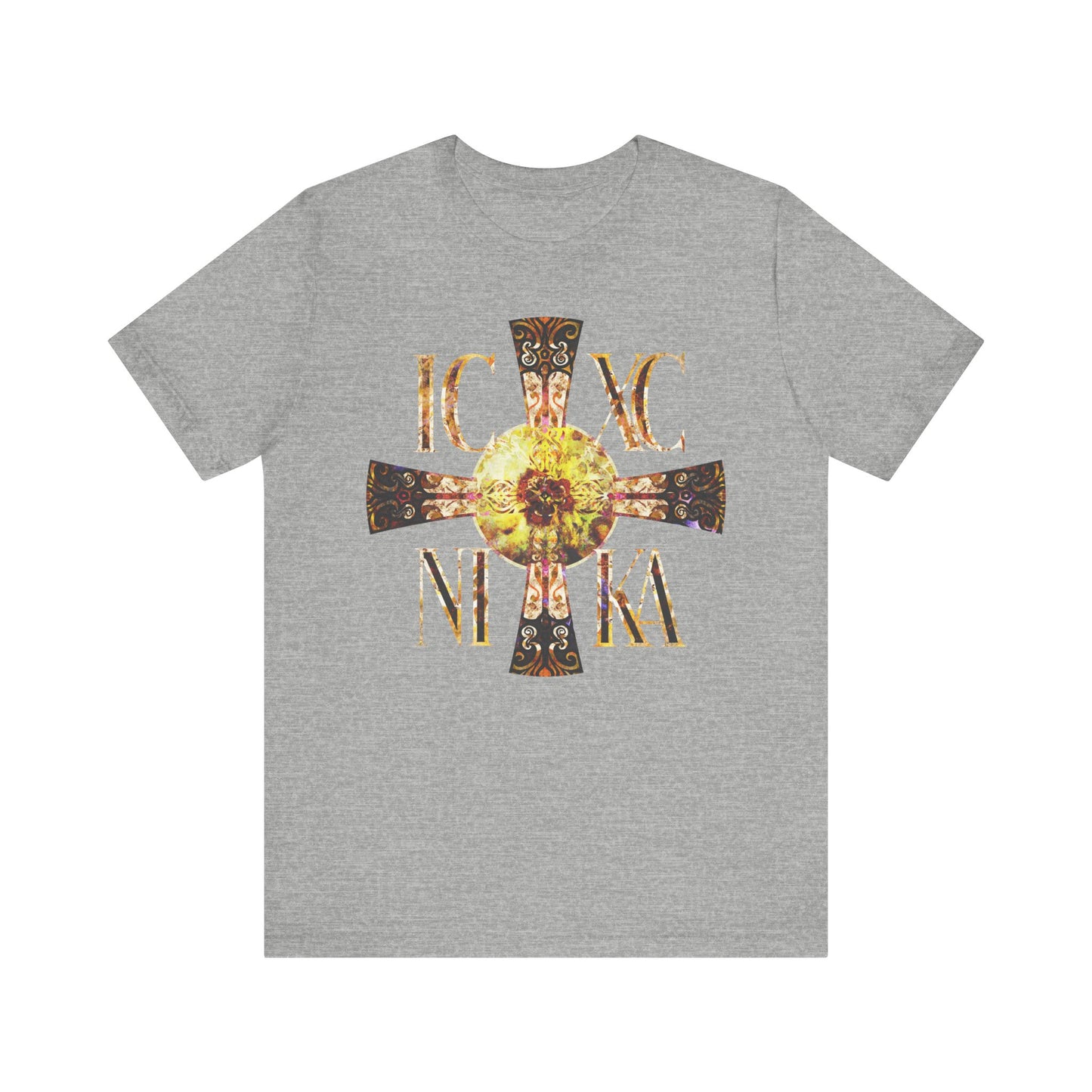 Athletic Heather unisex tee with a Celtic style equal armed cross, gold solar center, and ICXC NIKA Greek letters; inspired by the never-setting Sun. Orthodox lightweight cotton.