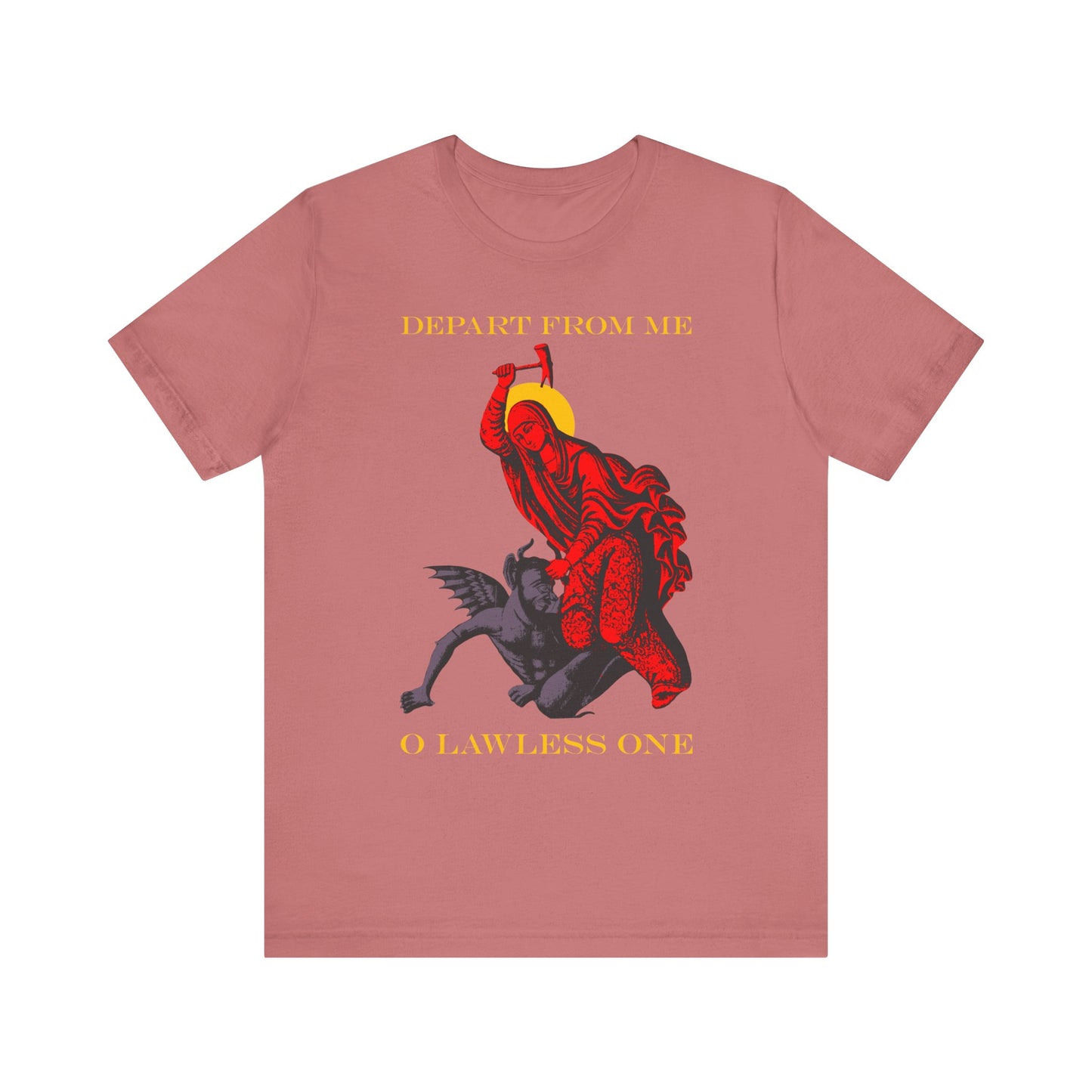 Mauve St Marina IconoGraphic tee shows the saint beating the devil with a hammer and features "DEPART FROM ME O LAWLESS ONE" in yellow, inspired by the Great Martyr Marina's legendary triumphs. Lightweight cotton unisex shirt.