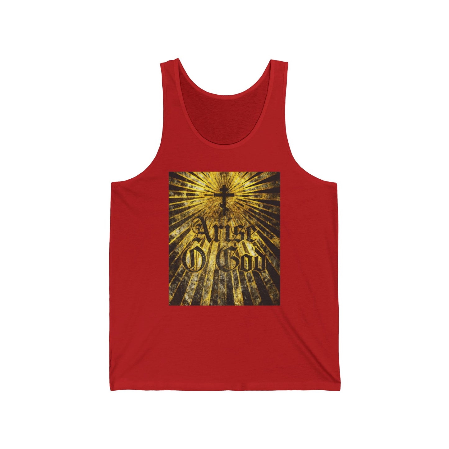 Red tank top featuring "Arise O God" in textured Gothic font with an Orthodox cross and golden rays, inspired by Psalm 81 (82 LXX) and the Divine Council worldview. Orthodox Christian design.