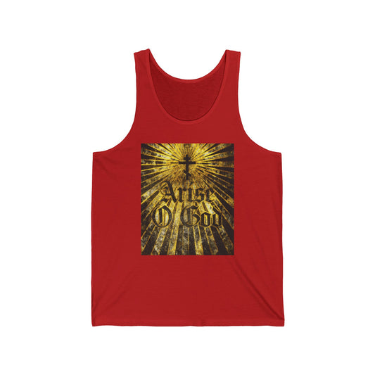 Red tank top featuring "Arise O God" in textured Gothic font with an Orthodox cross and golden rays, inspired by Psalm 81 (82 LXX) and the Divine Council worldview. Orthodox Christian design.