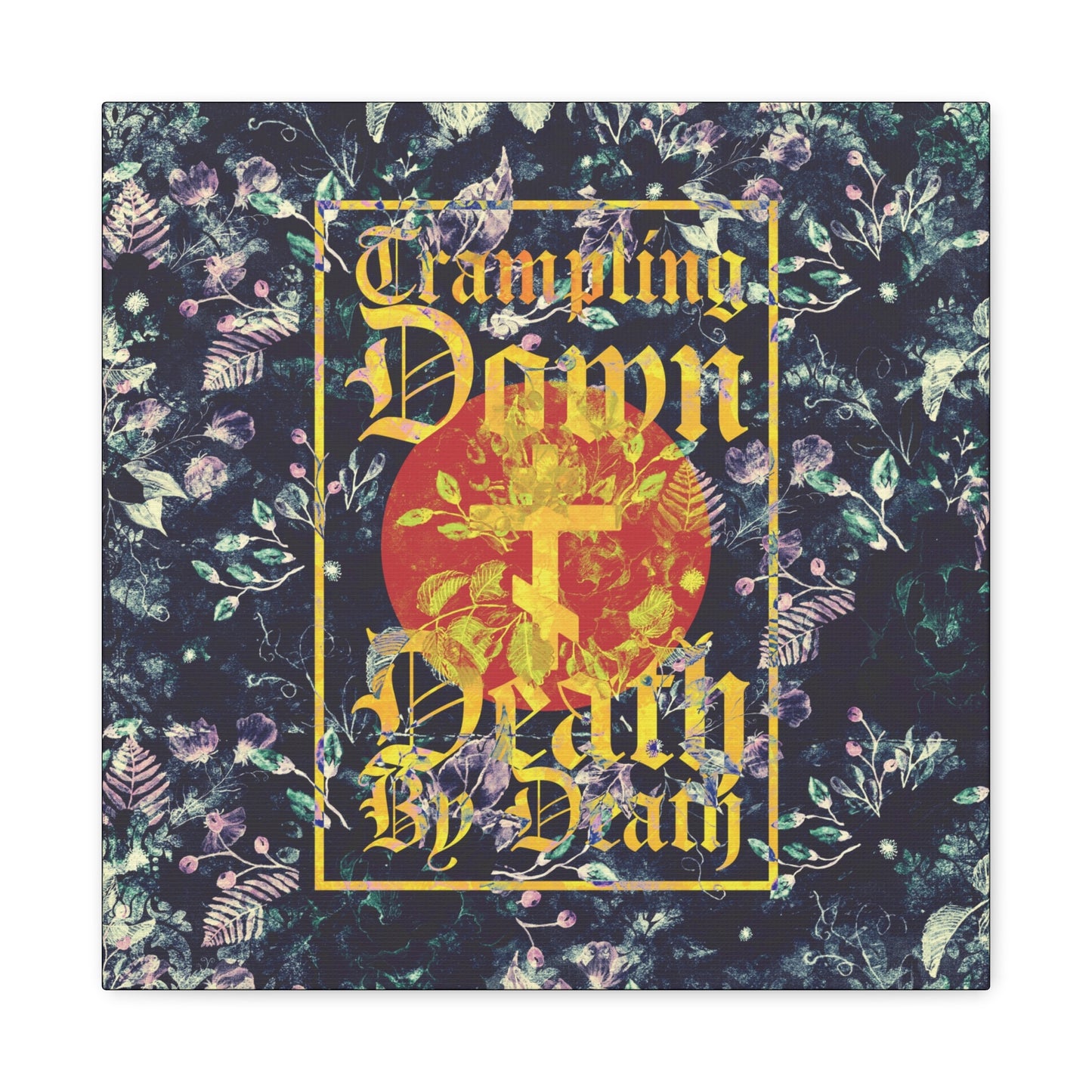 Trampling Down Death By Death | Paschal Floral Design with Gothic Script and Three-Bar Cross | Orthodox Christian Canvas Art