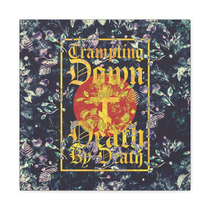 Trampling Down Death By Death | Paschal Floral Design with Gothic Script and Three-Bar Cross | Orthodox Christian Canvas Art