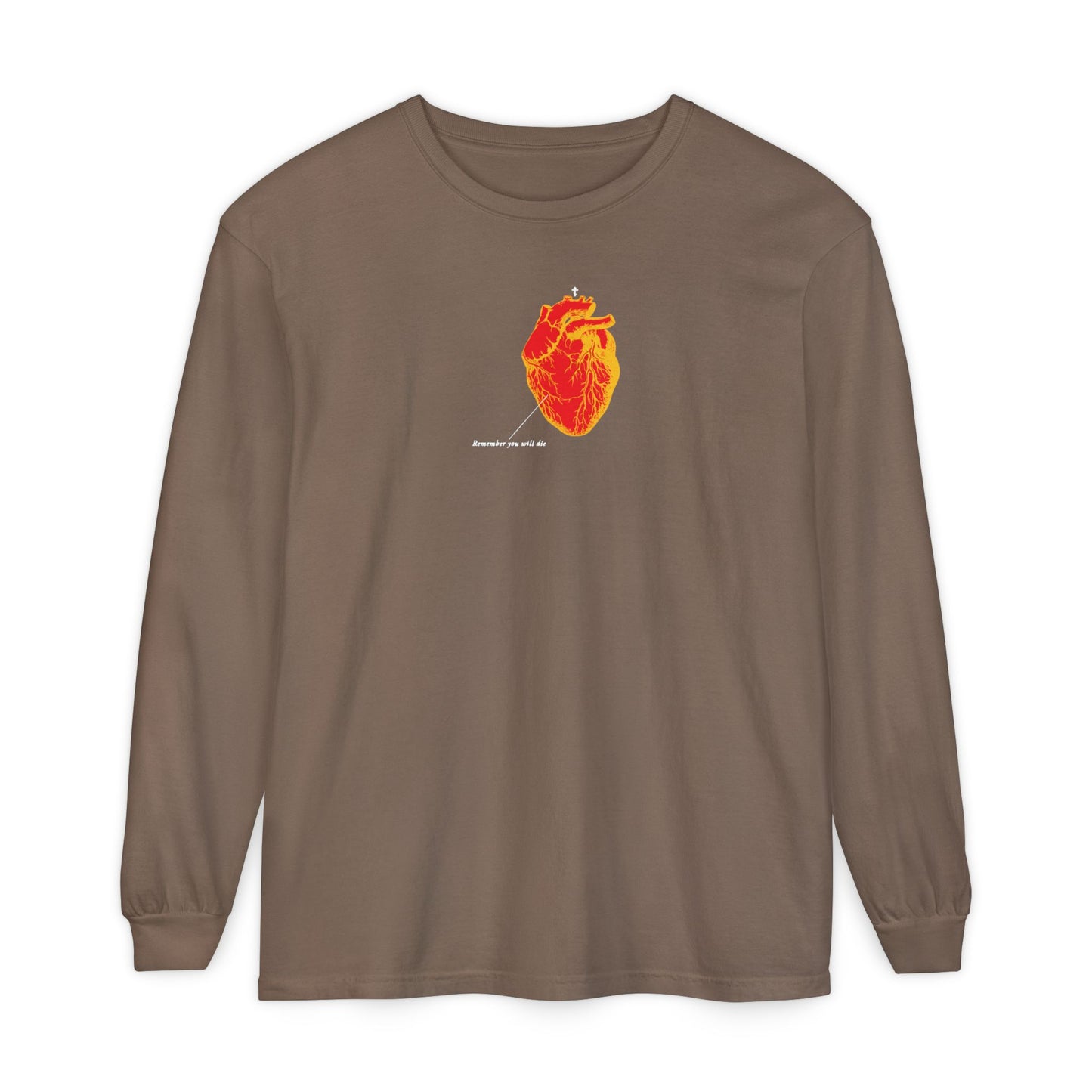 Espresso long-sleeve cotton shirt featuring a retro inverted red and orange heart graphic with "Memento Mori" Christian theme, inspired by medical textbooks, and small white text on the chest.